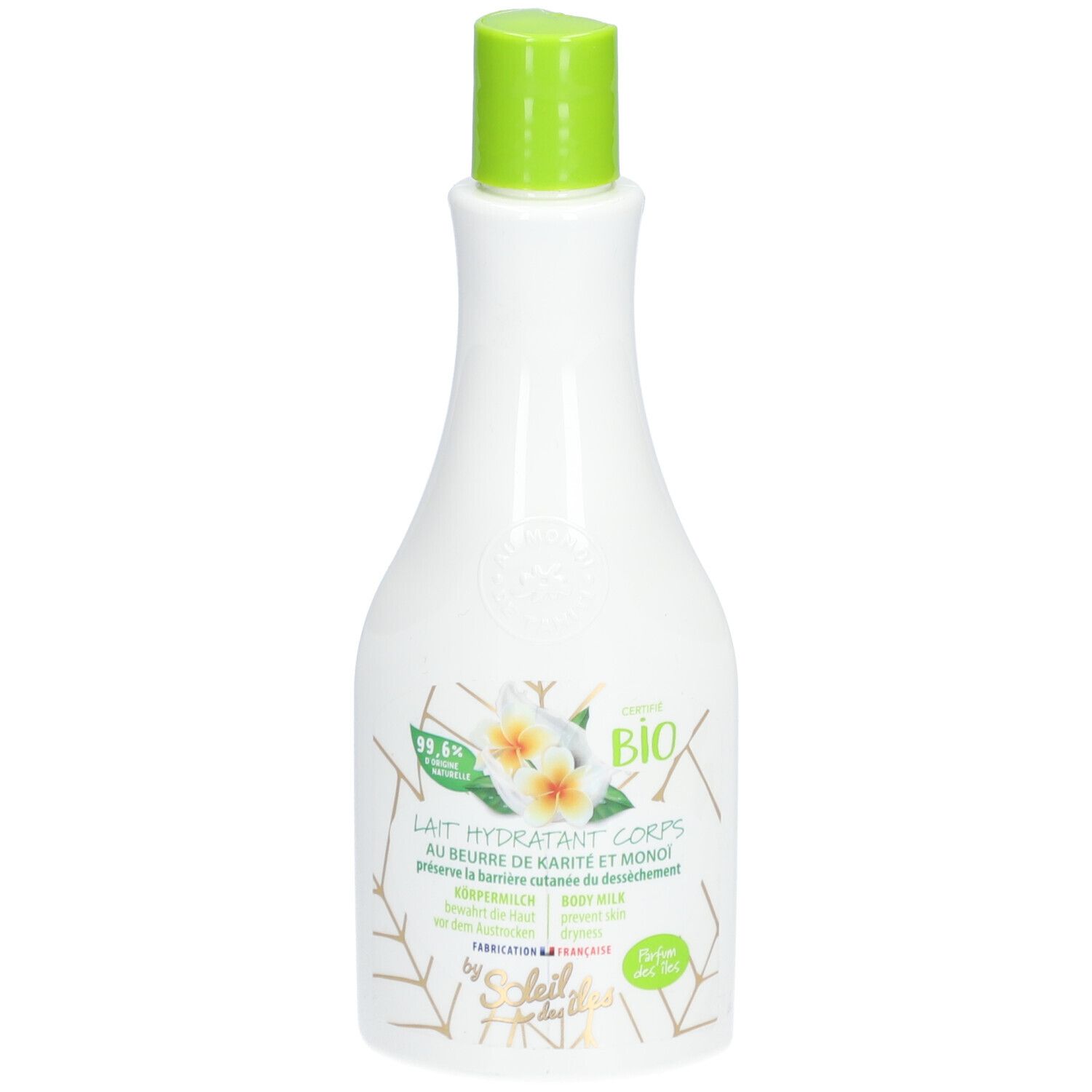 Weiße Flasche mit grünem Deckel. Aufschrift: Lait Hydratant Corps, Bio-Zertifizierung, Blüten-Dekor.