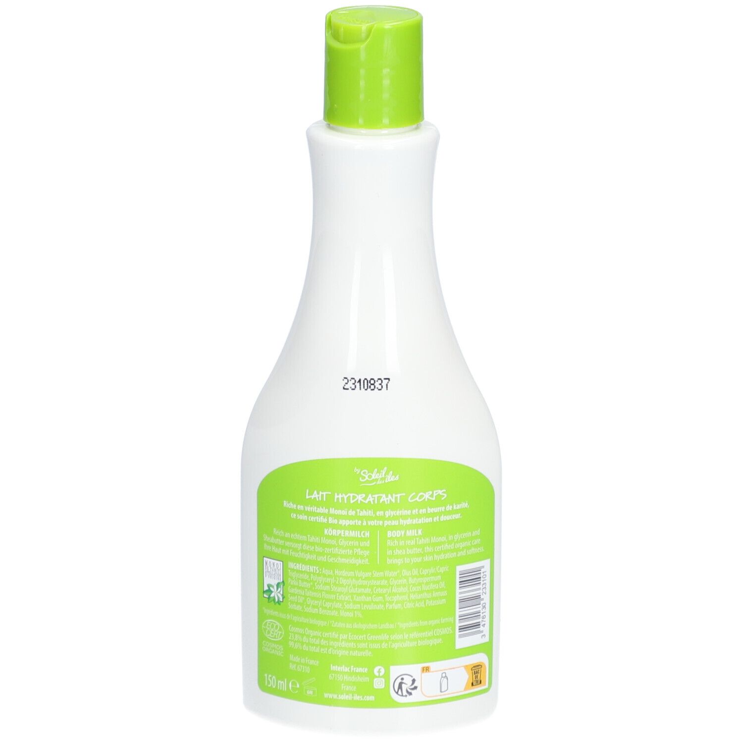 Rückseite einer weißen Flasche mit grünem Etikett. Text: Lait Hydratant Corps, Bio-Zertifizierung, Recycling-Symbole.