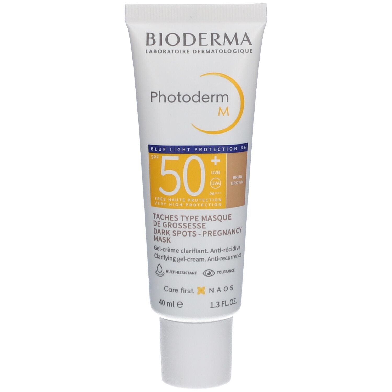 Bioderma Photoderm M, tube. Crème solaire SPF 50+. 40 ml. Teinte brune. Pour masque de grossesse.