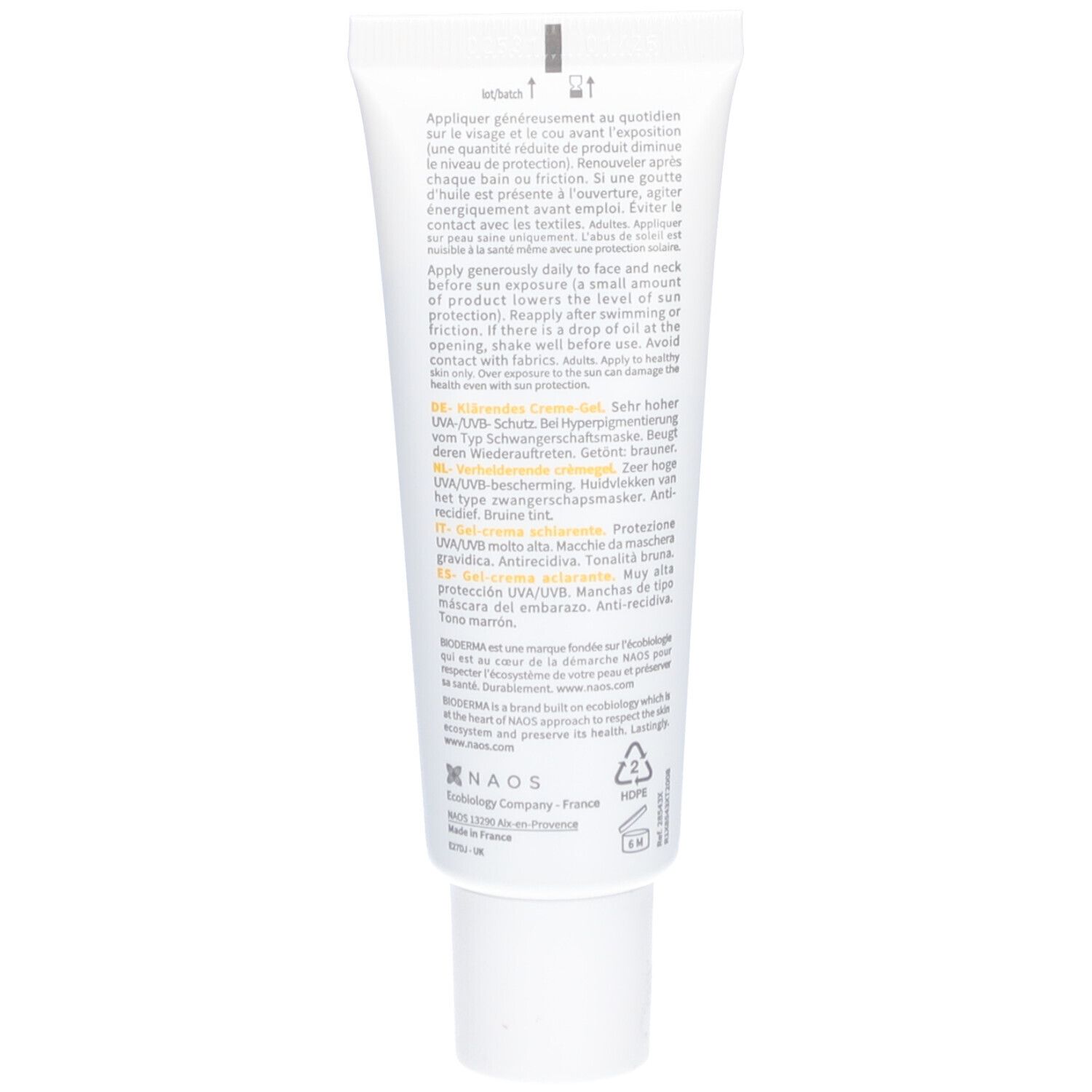 Dos du tube Bioderma Photoderm M. Texte et instructions. Contient des informations sur l'utilisation.