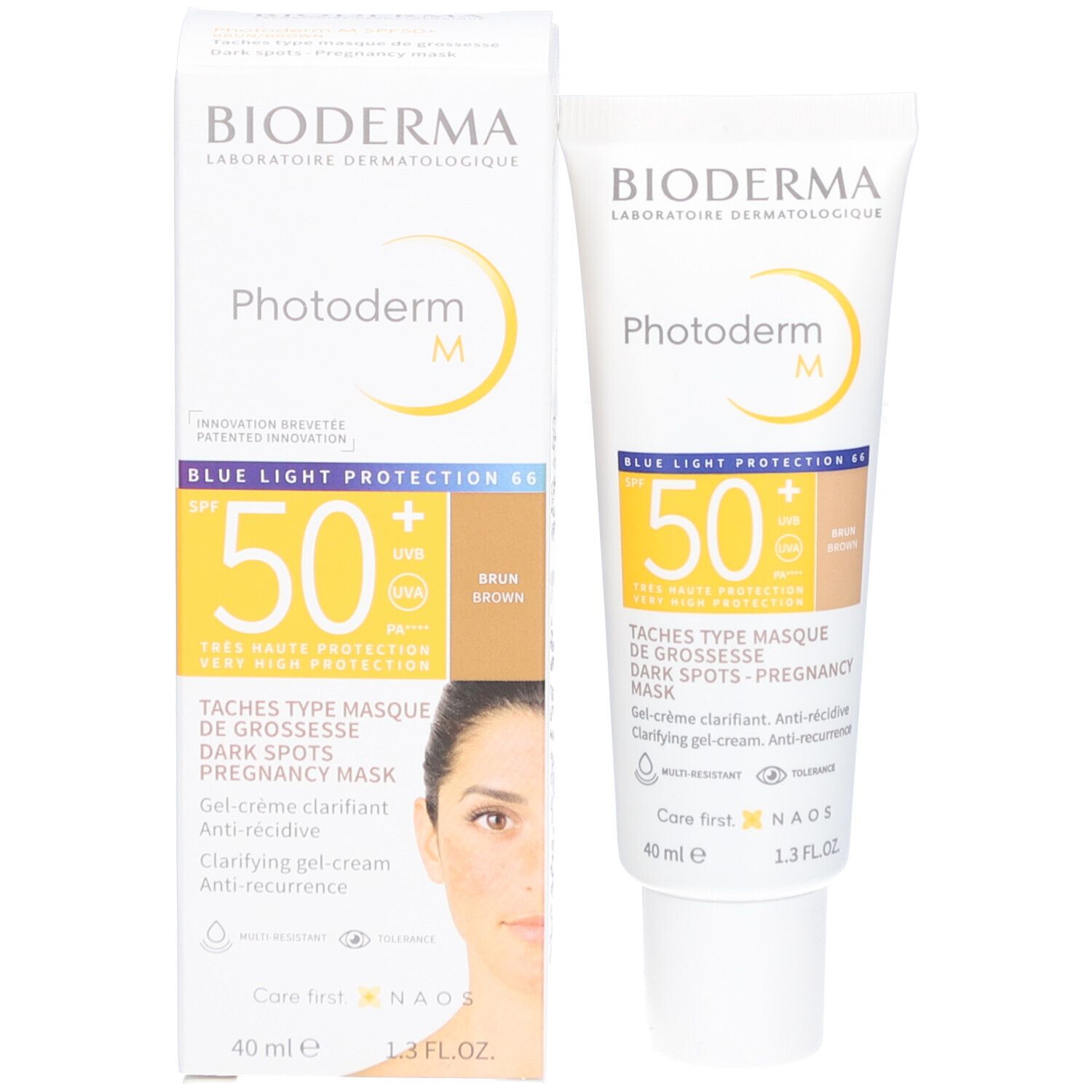 Bioderma Photoderm M, produit et emballage. Crème solaire SPF 50+. Teinte brune. 40 ml. Pour masque de grossesse.