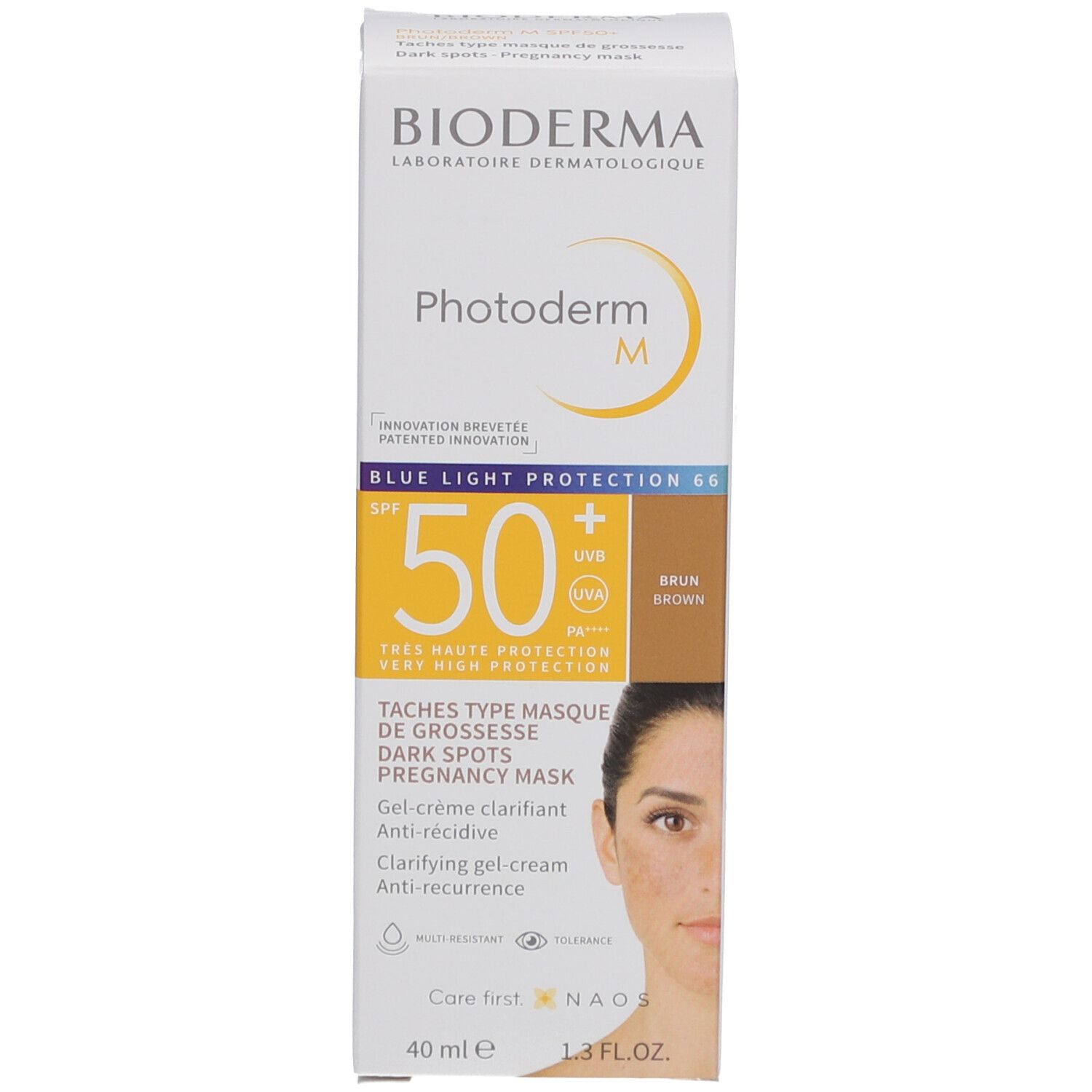 Emballage Bioderma Photoderm M. Crème solaire SPF 50+. Teinte brune. 40 ml. Pour masque de grossesse.