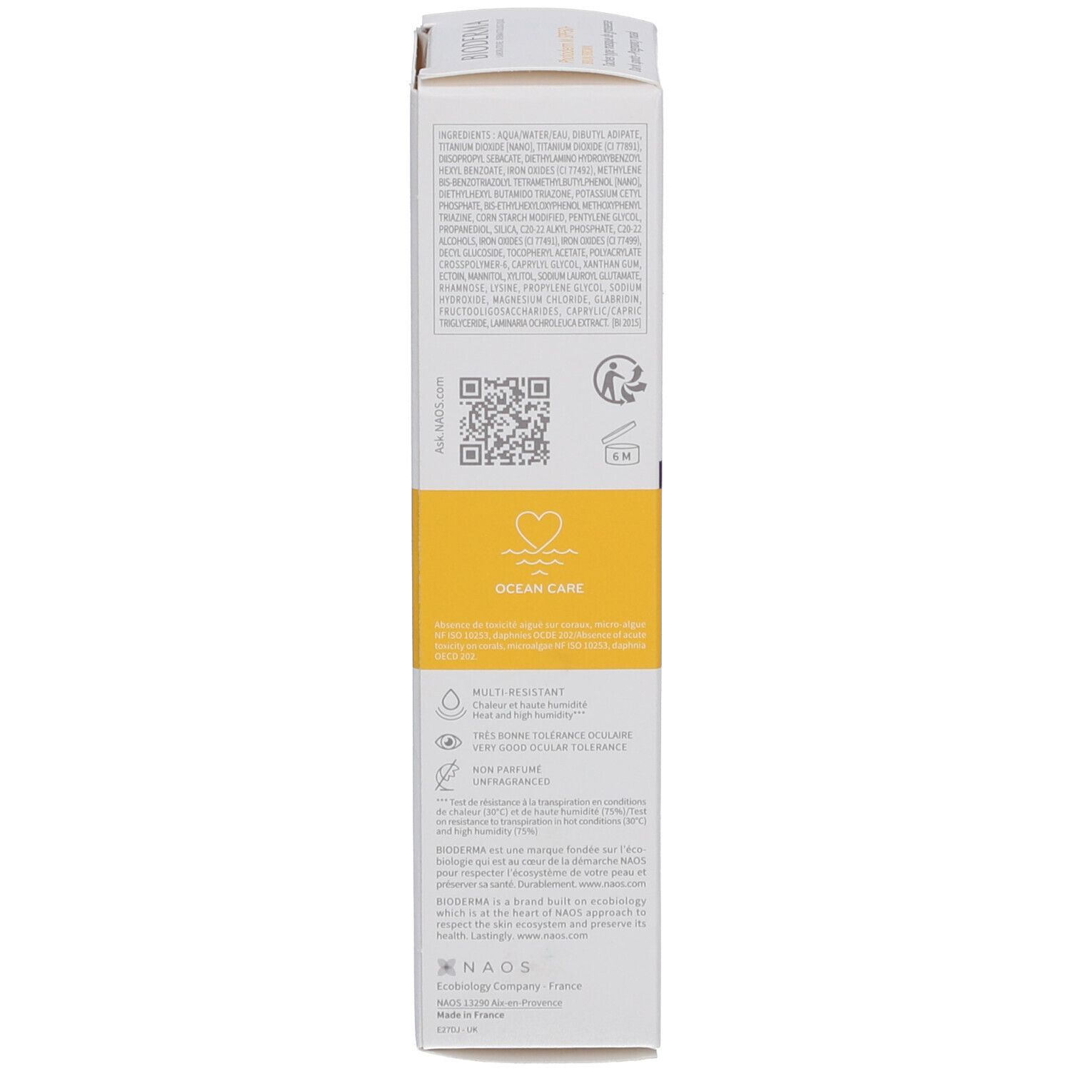 Emballage Bioderma Photoderm M. Côté avec texte et logos. Contient des informations sur le produit.