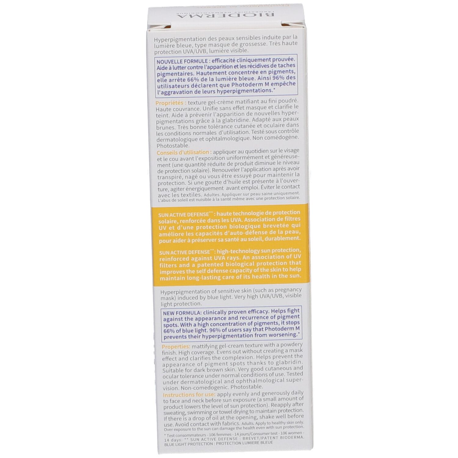 Emballage Bioderma Photoderm M. Texte sur le produit. Contient des informations sur les ingrédients.