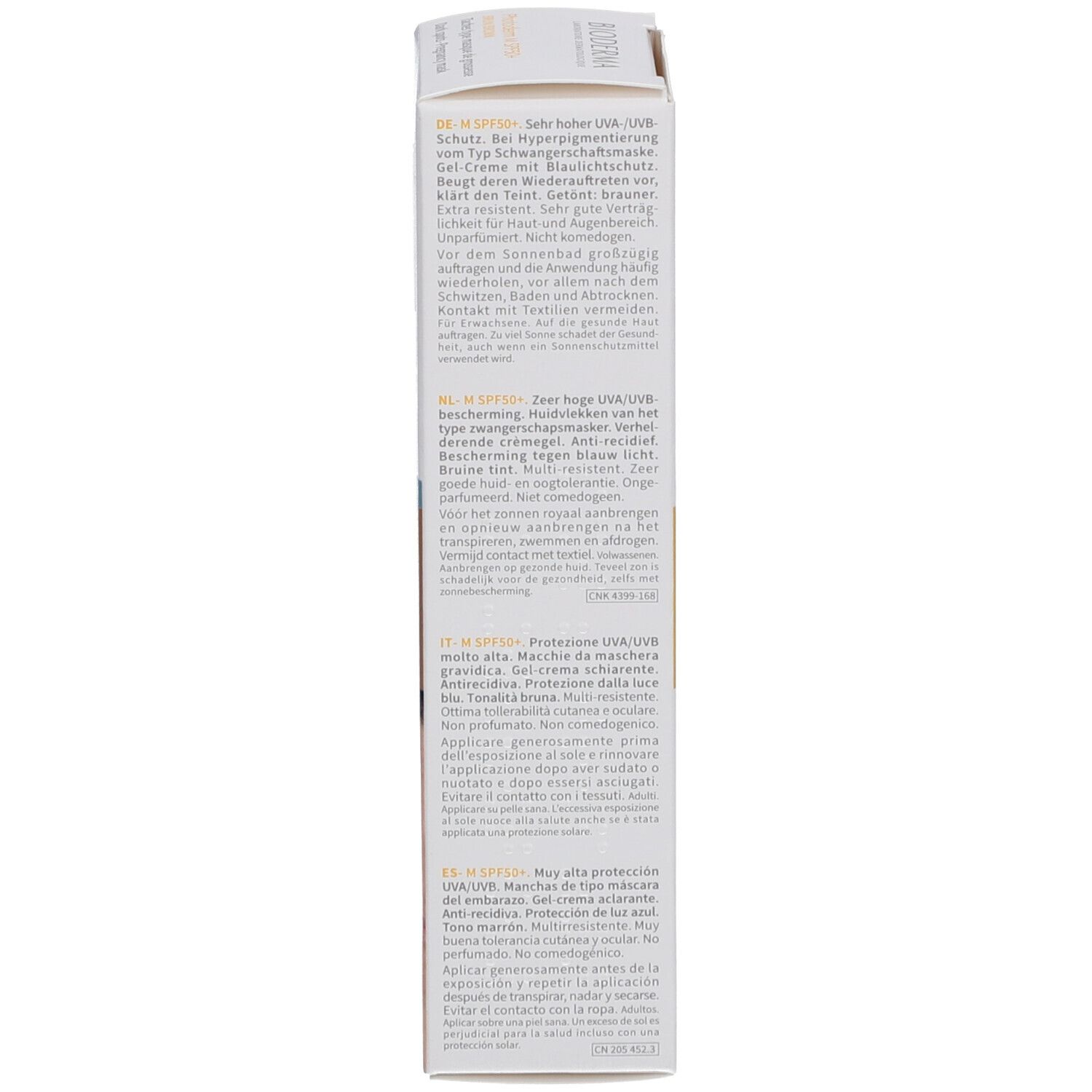 Emballage Bioderma Photoderm M. Texte en plusieurs langues. Contient des informations sur le produit.