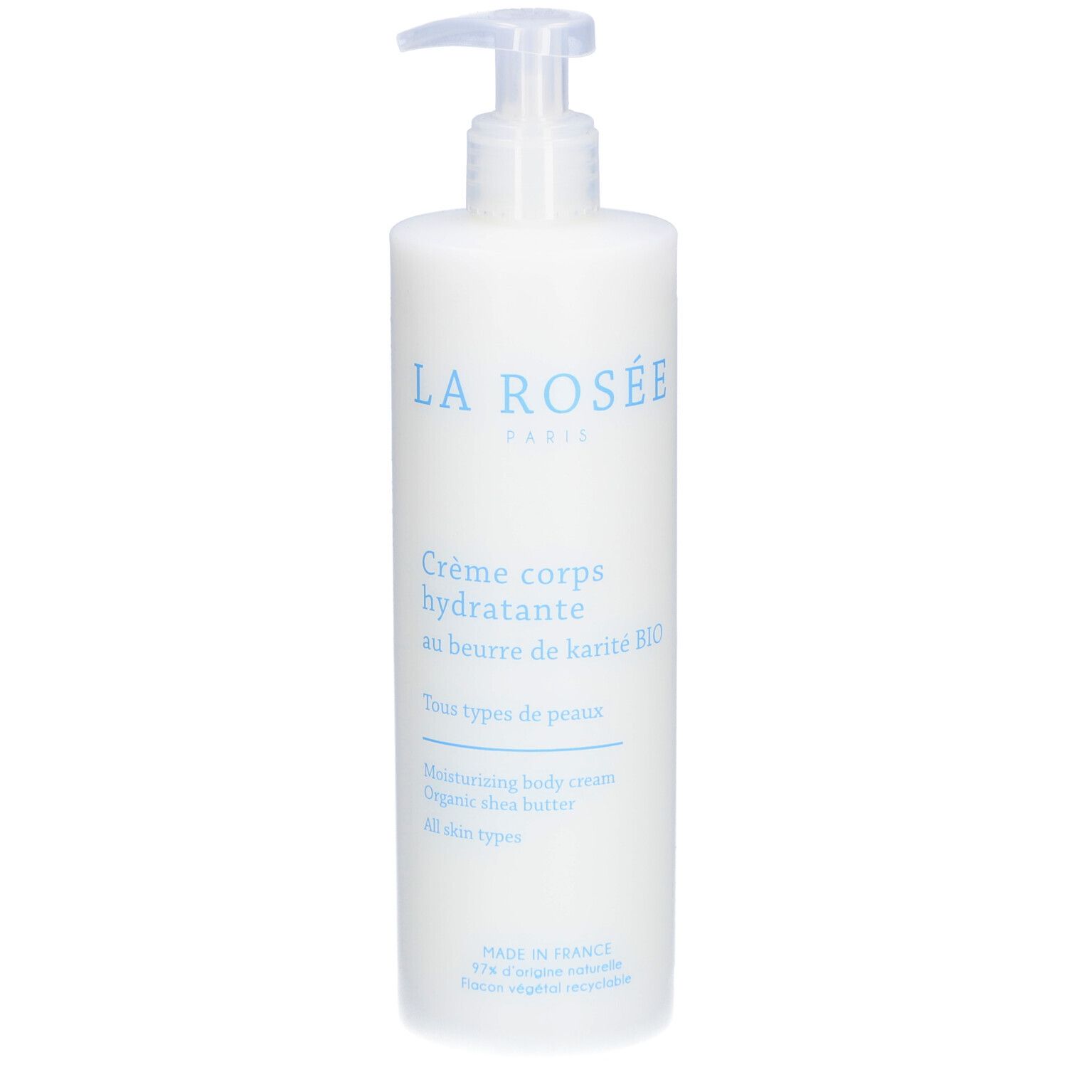 Weiße Flasche mit Pumpverschluss. Aufschrift: LA ROSÉE, Crème corps hydratante, au beurre de karité BIO. Für alle Hauttypen.