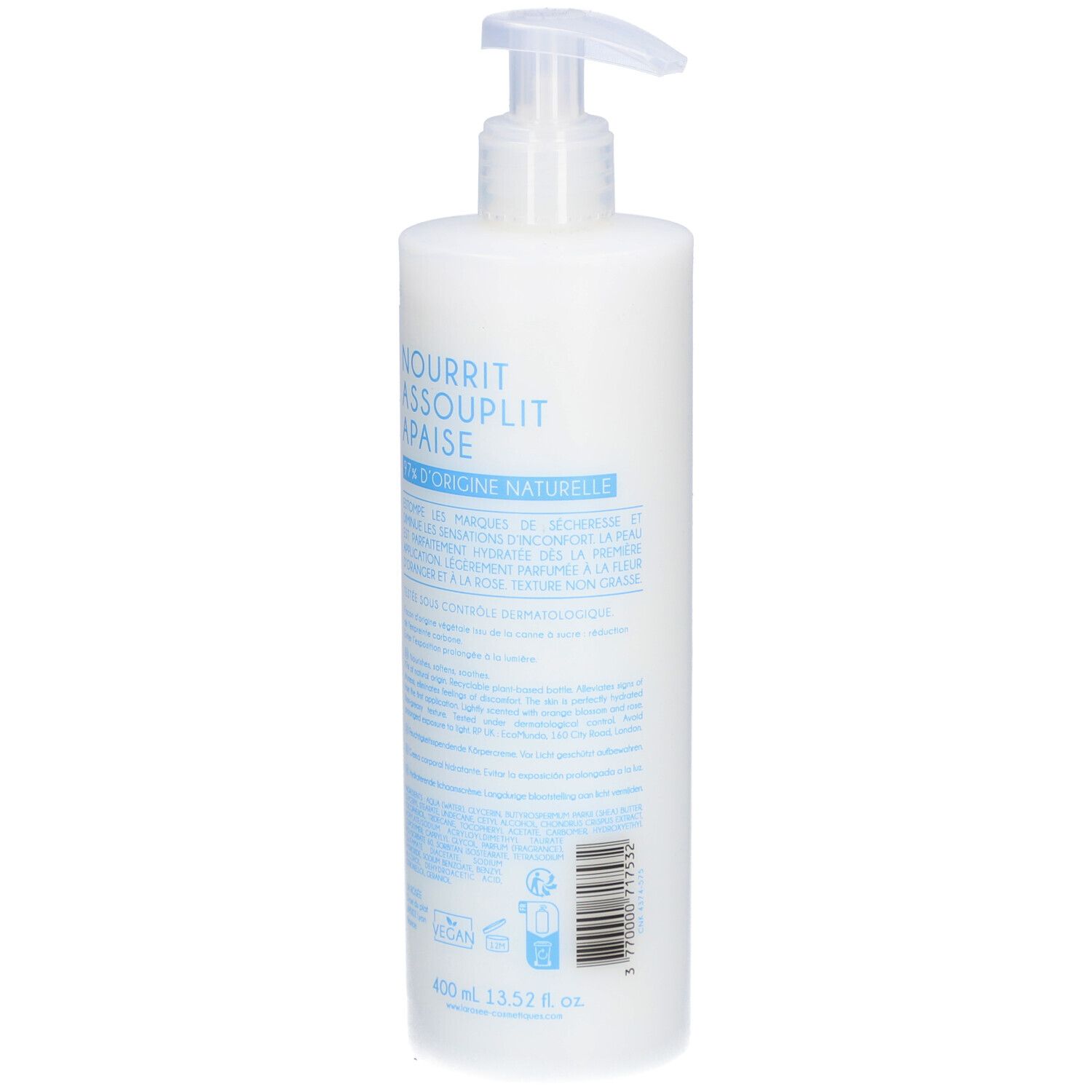 Weiße Flasche mit Pumpverschluss. Rückseite mit Produktinformationen und Inhaltsstoffen. 400 ml.