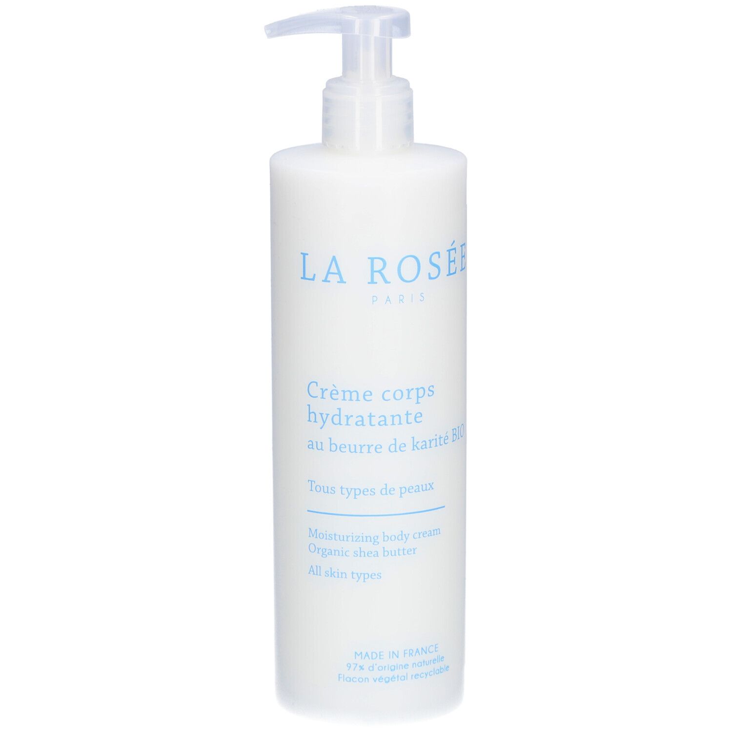 Weiße Flasche mit Pumpverschluss. Aufschrift: LA ROSÉE, Crème corps hydratante, au beurre de karité BIO. Für alle Hauttypen.