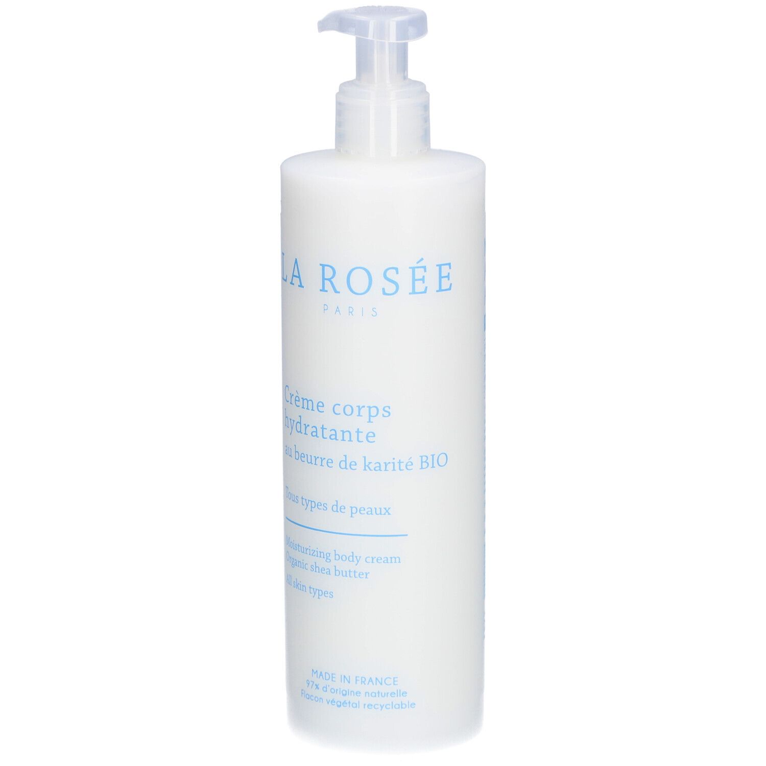 Weiße Flasche mit Pumpverschluss. Aufschrift: LA ROSÉE, Crème corps hydratante, au beurre de karité BIO. Für alle Hauttypen.
