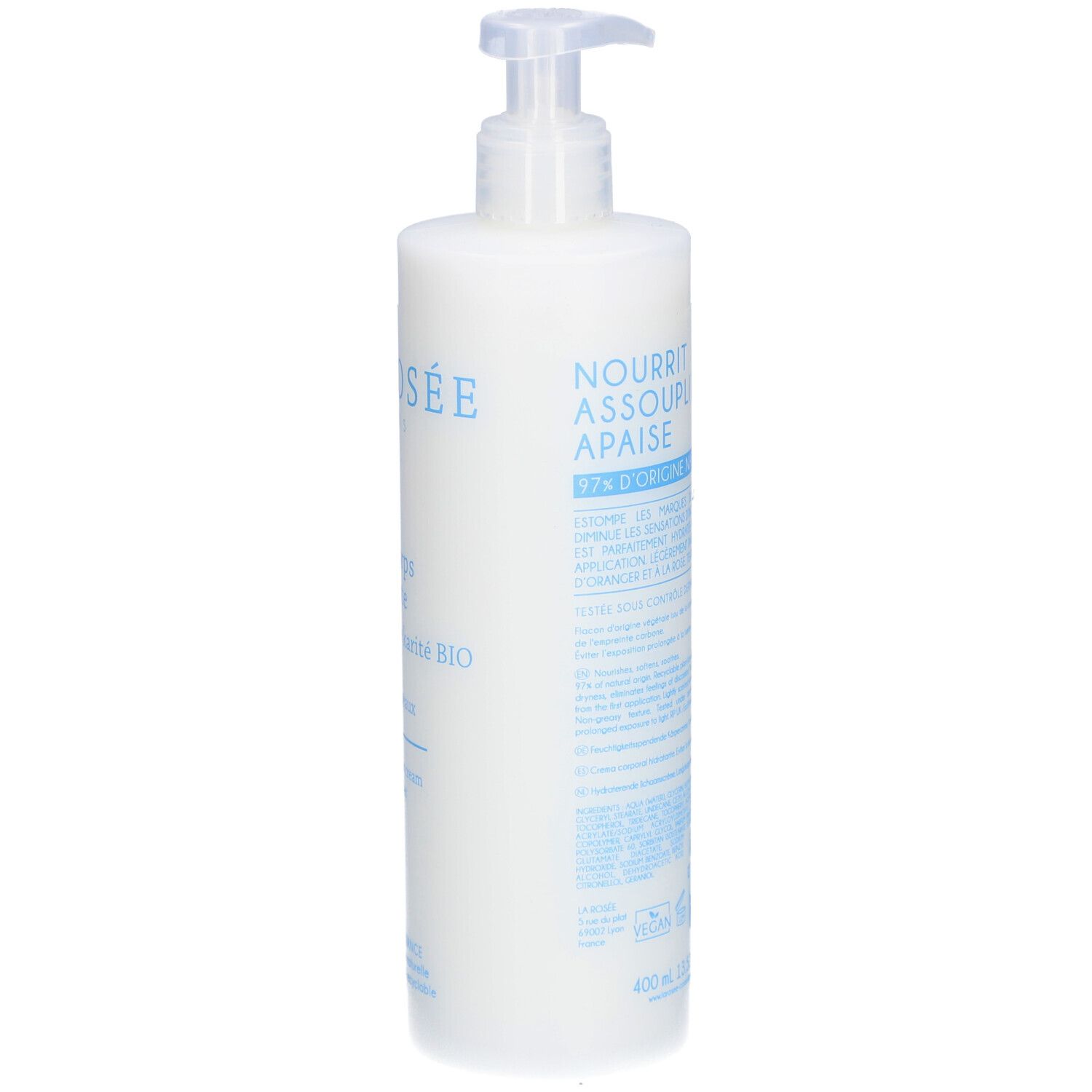 Weiße Flasche mit Pumpverschluss. Rückseite mit Produktinformationen und Inhaltsstoffen. 400 ml.