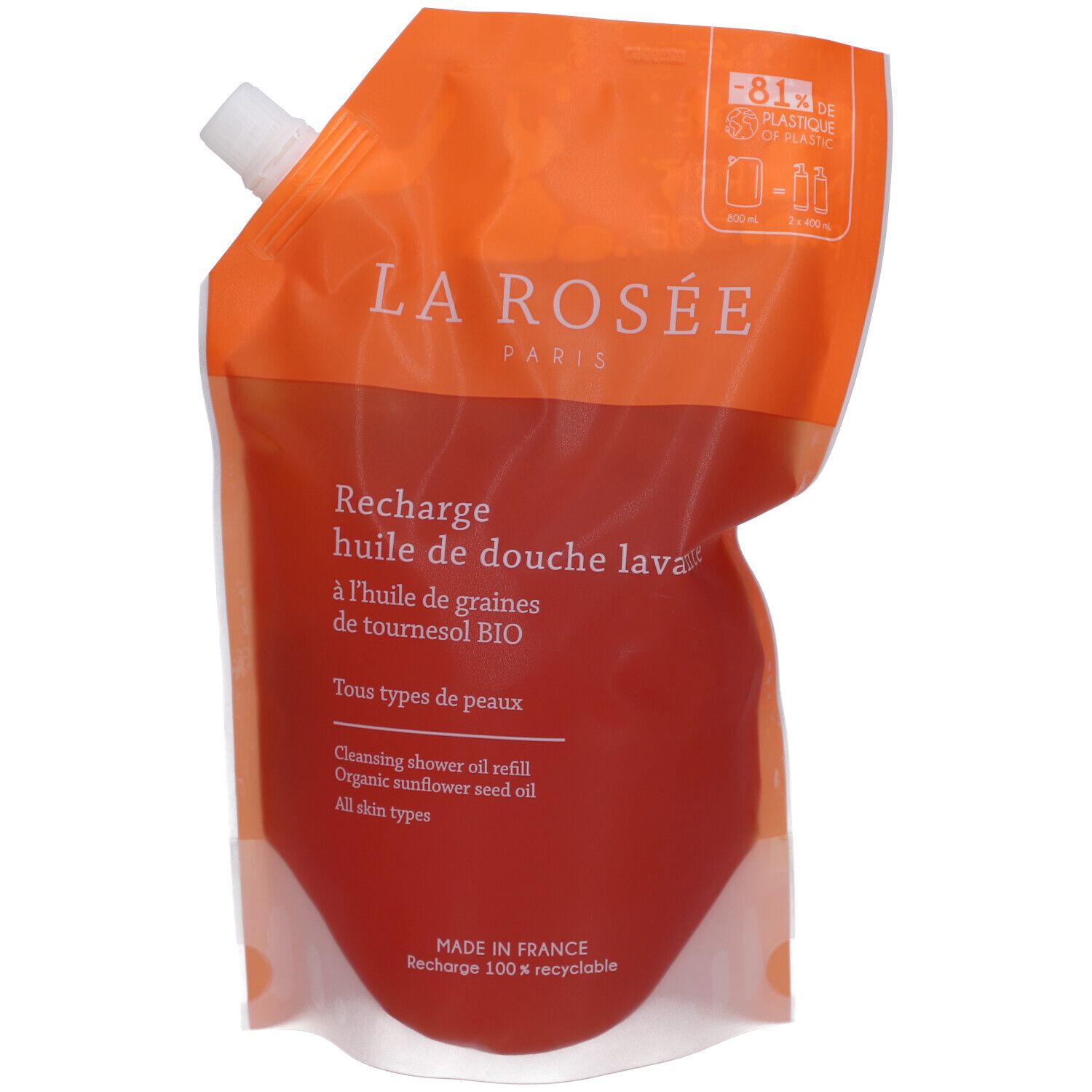 Nachfüllbeutel für Duschöl. Orangefarbener Beutel mit weißem Verschluss. Text: LA ROSÉE, Recharge Huile de Douche Lavante.