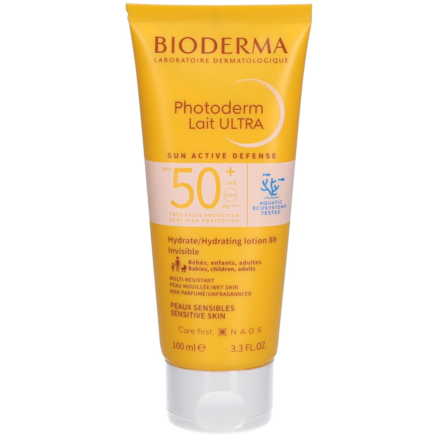 Tube jaune BIODERMA Photoderm Lait Ultra SPF50+. Inscription: SUN ACTIVE DEFENSE, 50+, Hydrate/Hydrating lotion, 100 ml.