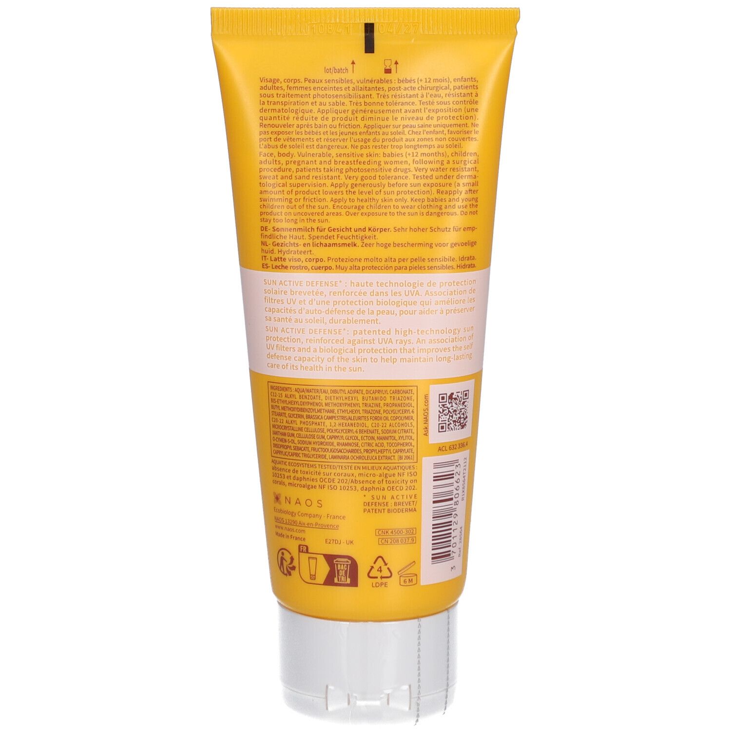 Dos du tube jaune BIODERMA Photoderm Lait Ultra SPF50+. Texte et informations en plusieurs langues.