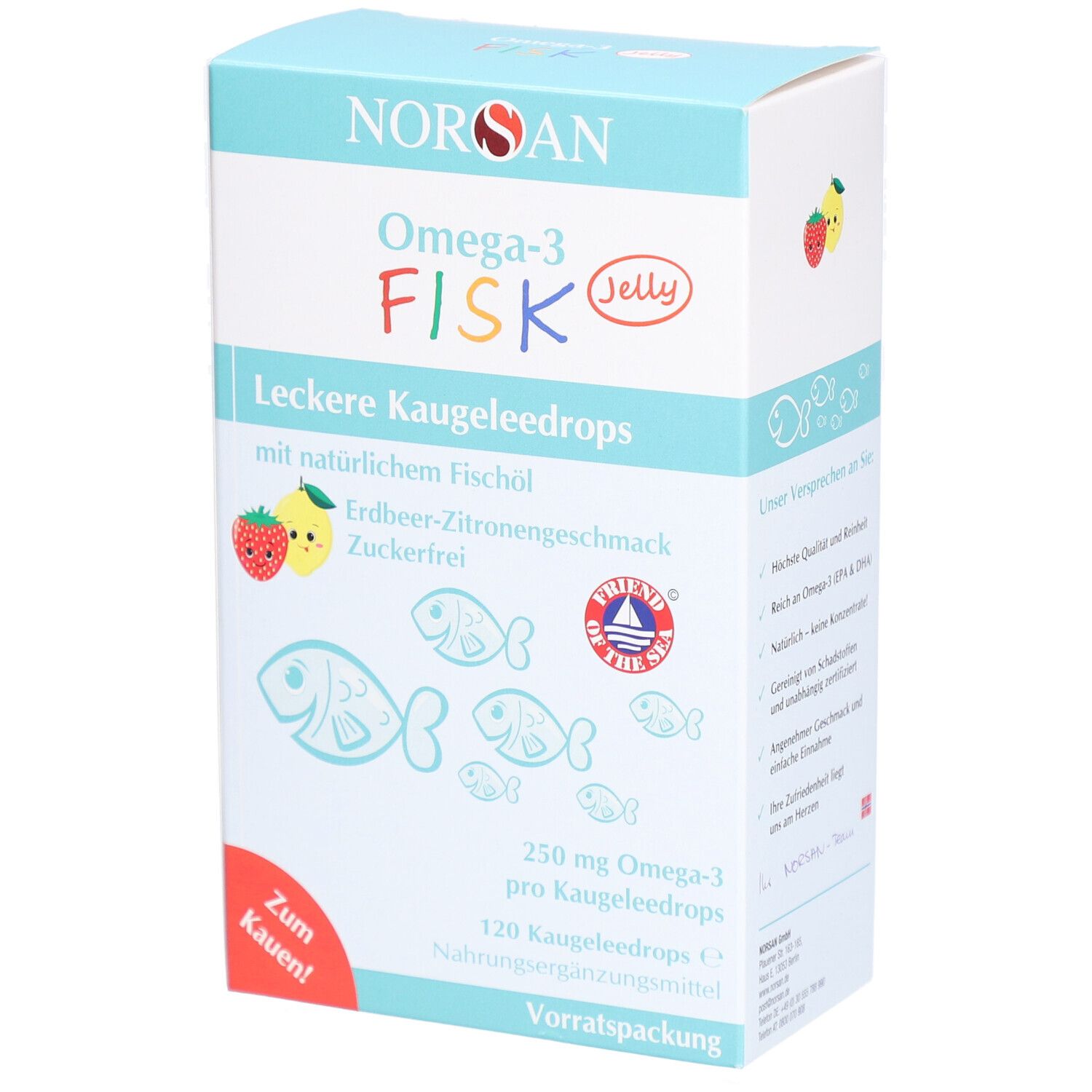 NORSAN Omega-3 FISK Jelly. Karton mit Produktinformationen und Illustrationen. Enthält 120 Kaugeleedrops. Erdbeer-Zitronengeschmack.