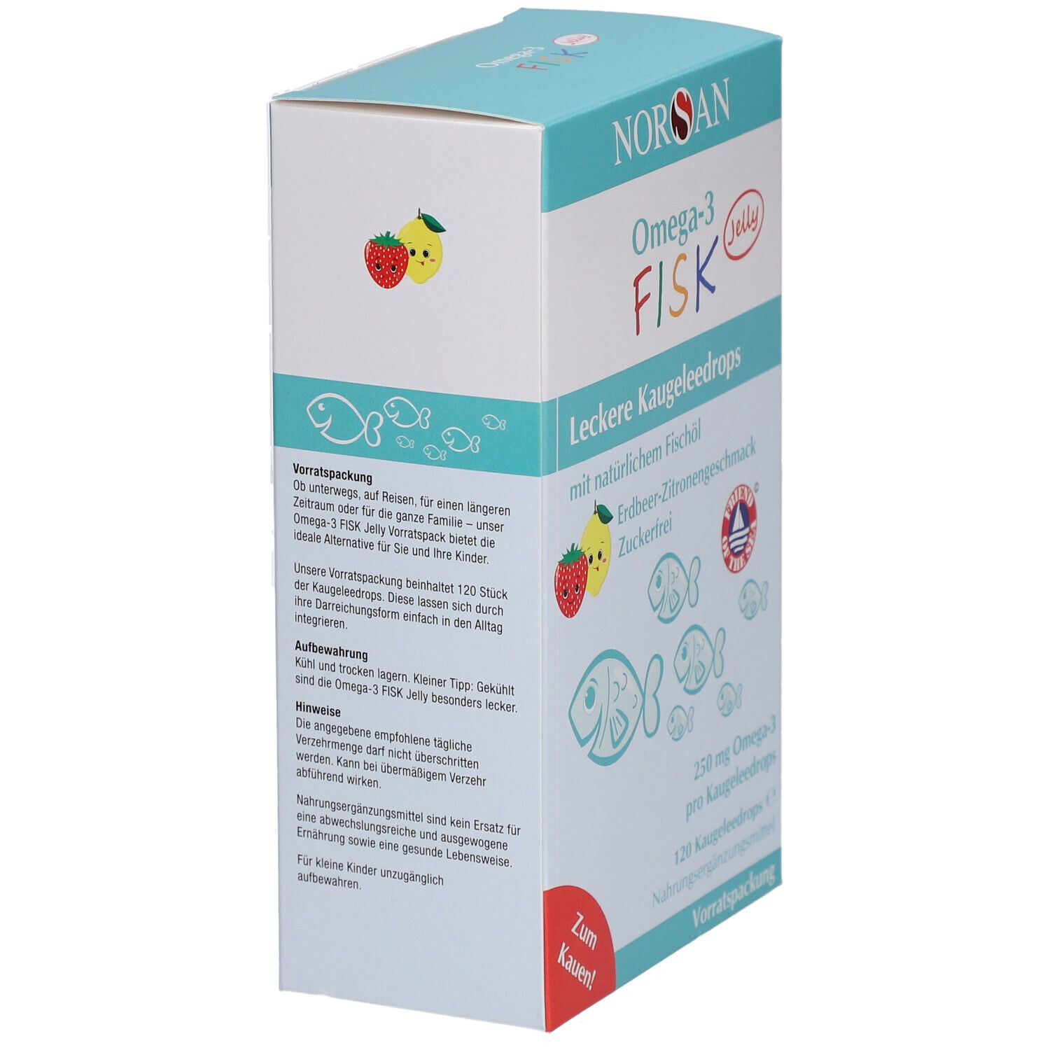 NORSAN Omega-3 FISK Jelly-Verpackung. Seitenansicht mit Produktinformationen. Enthält 120 Kaugeleedrops. Erdbeer-Zitronengeschmack.