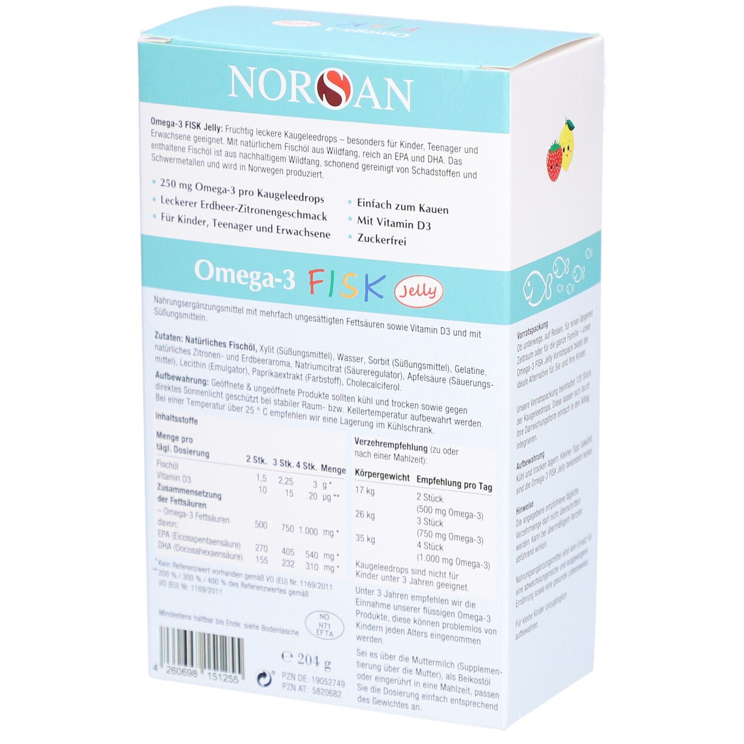 Rückseite der NORSAN Omega-3 FISK Jelly-Verpackung. Enthält Produktinformationen, Inhaltsstoffe und Nährwertangaben. Mit Vitamin D3.