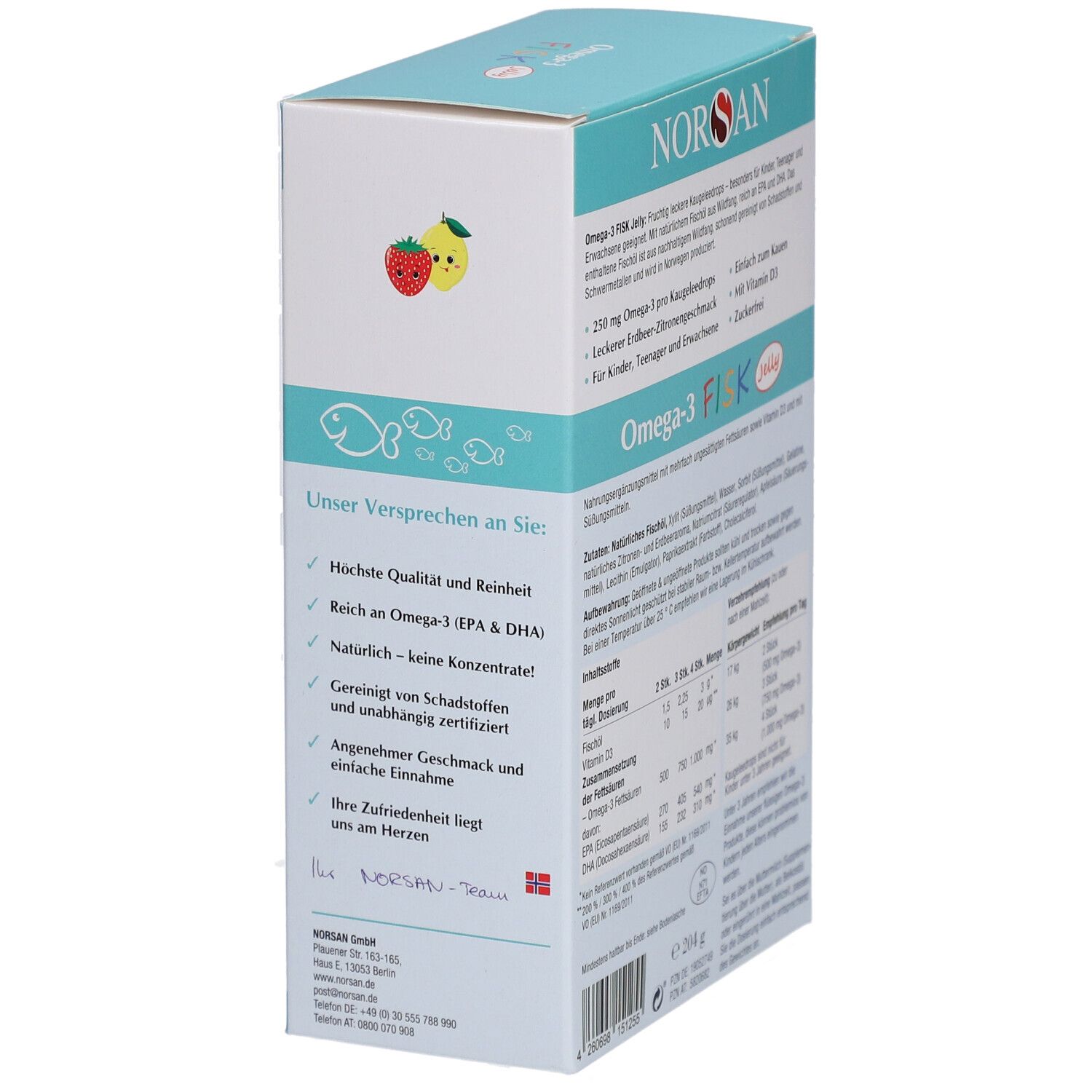 NORSAN Omega-3 FISK Jelly-Verpackung. Enthält Produktversprechen und Nährwertangaben. Mit Zertifizierungen.