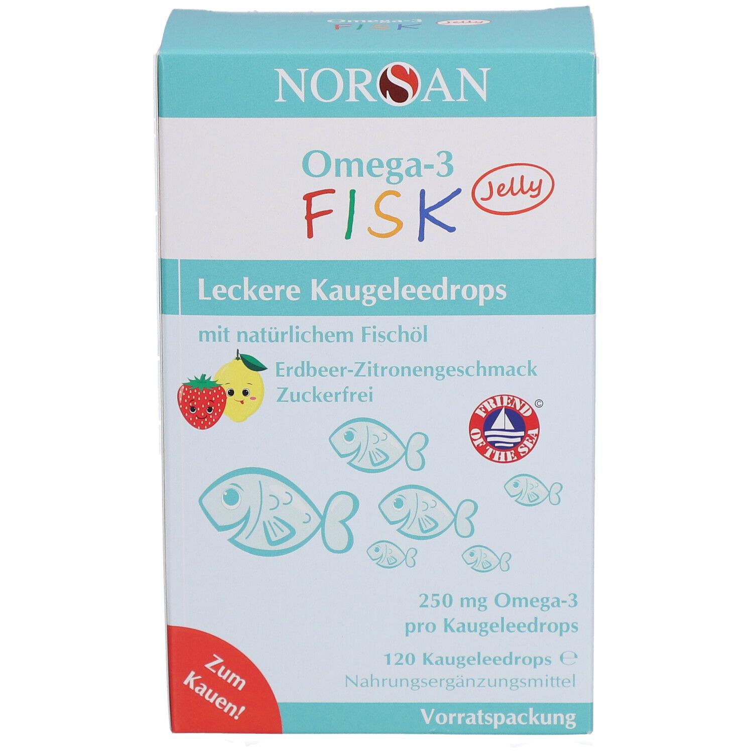 NORSAN Omega-3 FISK Jelly-Verpackung. Vorderansicht mit Produktnamen und Illustrationen. Enthält 120 Kaugeleedrops.