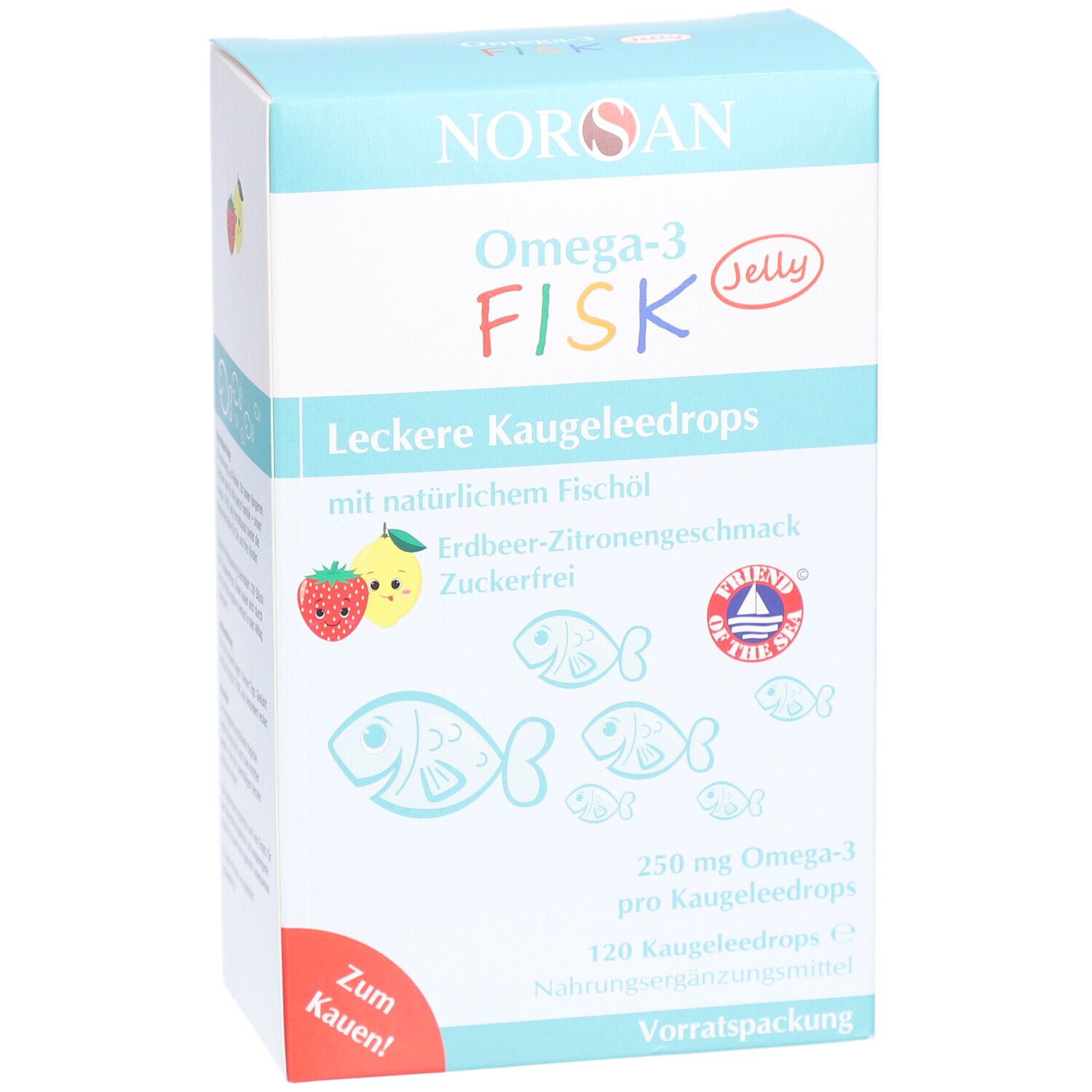 NORSAN Omega-3 FISK Jelly-Verpackung. Vorderansicht mit Produktnamen und Illustrationen. Enthält 120 Kaugeleedrops.