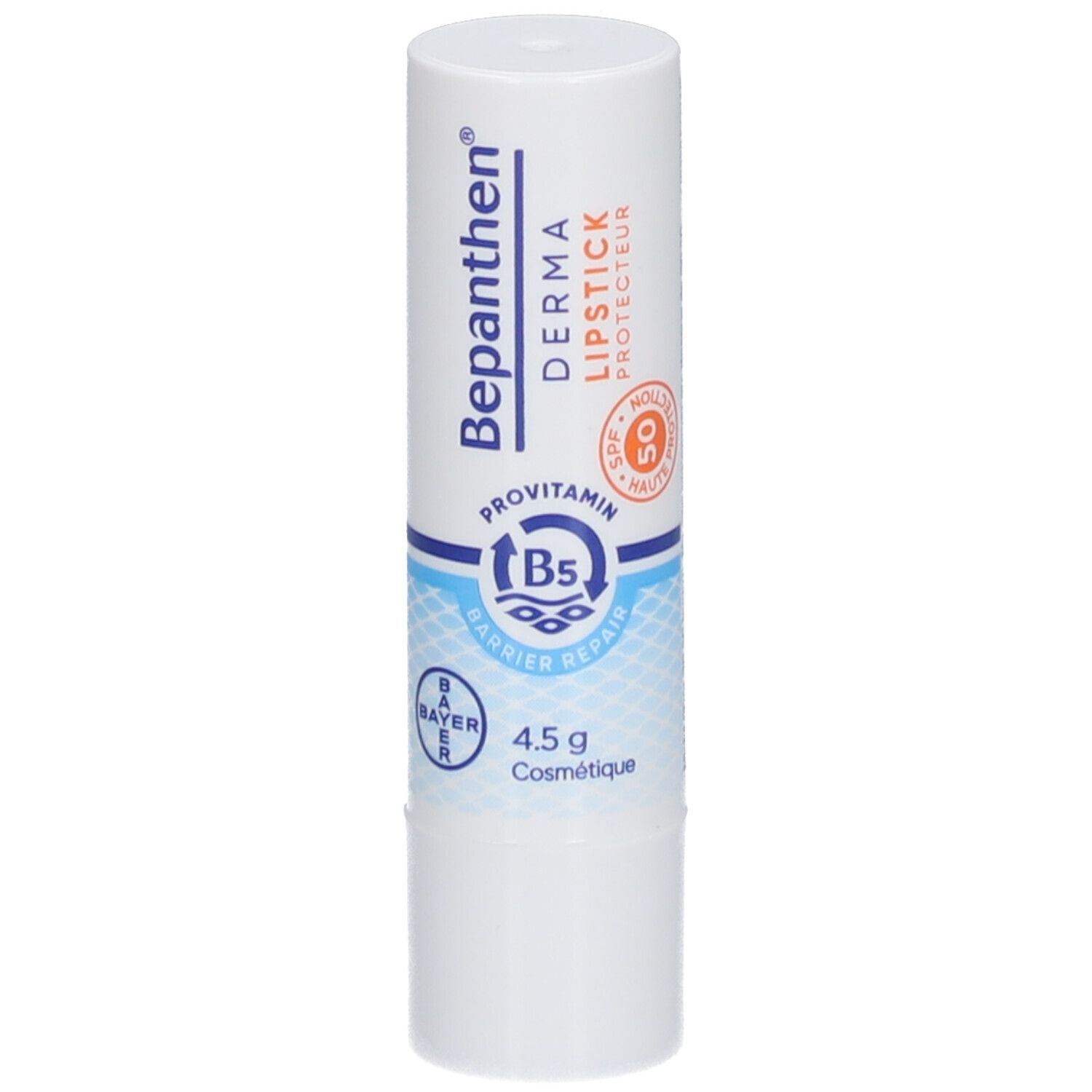 Weißer Lippenstift von Bepanthen® Derma mit LSF 50. Enthält ProVitamin B5. 4,5 g. Bayer-Logo.