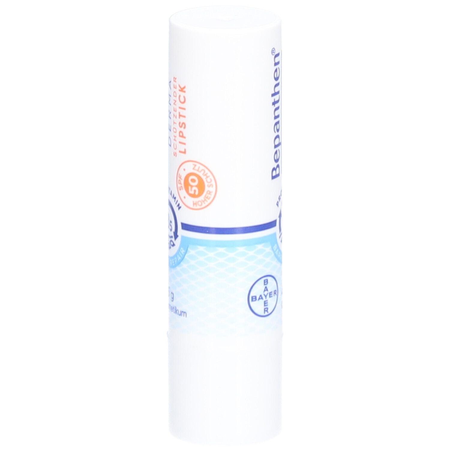 Weißer Lippenstift von Bepanthen® Derma mit LSF 50. Enthält ProVitamin B5. 4,5 g. Bayer-Logo.