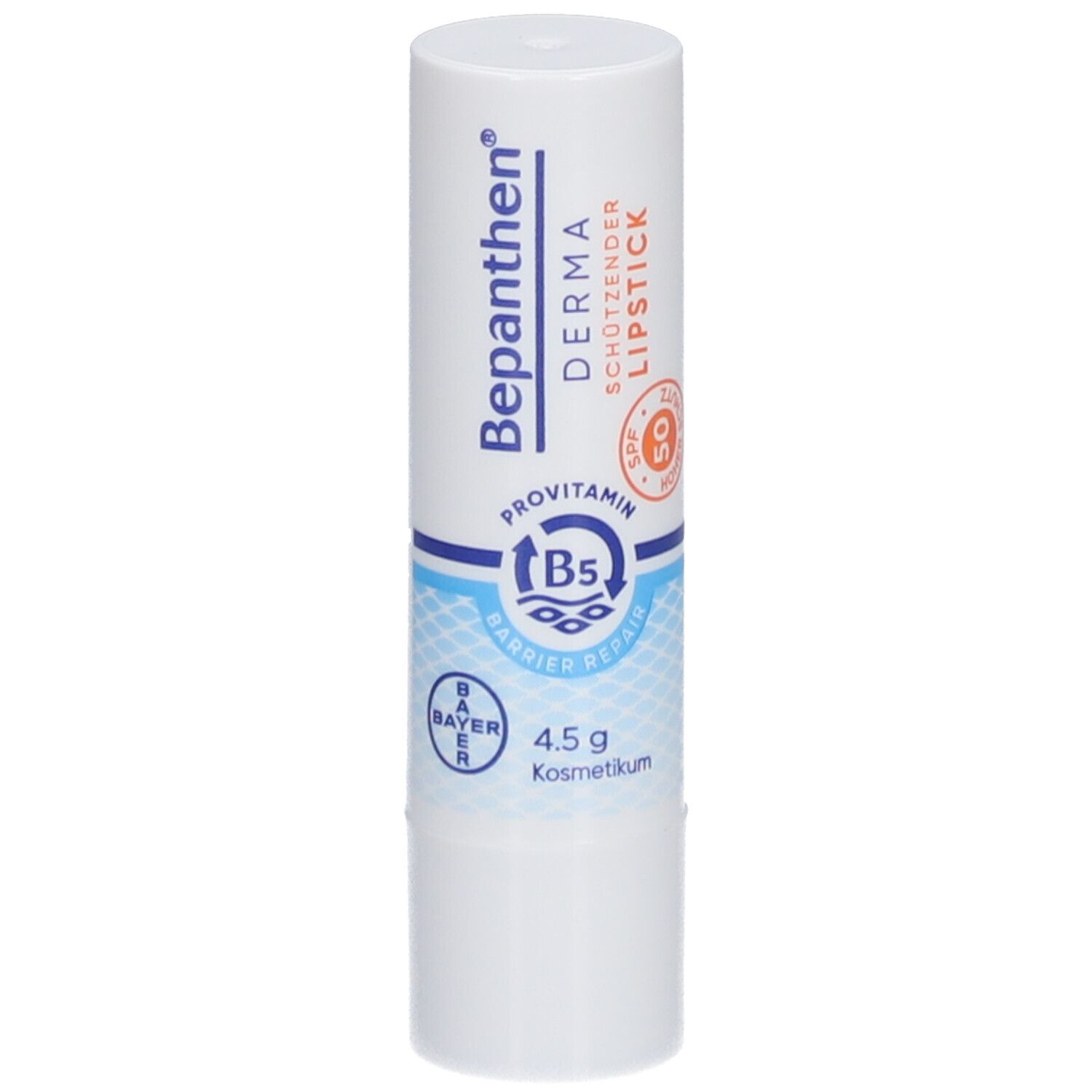 Weißer Lippenstift von Bepanthen® Derma mit LSF 50. Enthält ProVitamin B5. 4,5 g. Bayer-Logo.