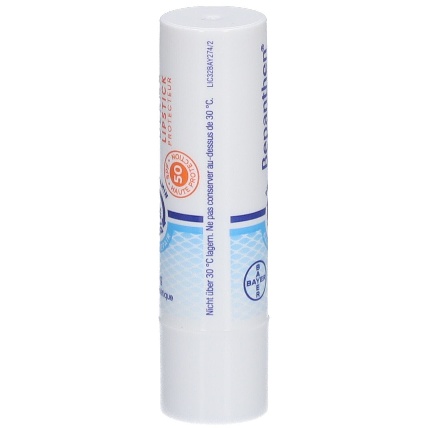 Weißer Lippenstift von Bepanthen® Derma mit LSF 50. Enthält ProVitamin B5. 4,5 g. Bayer-Logo.