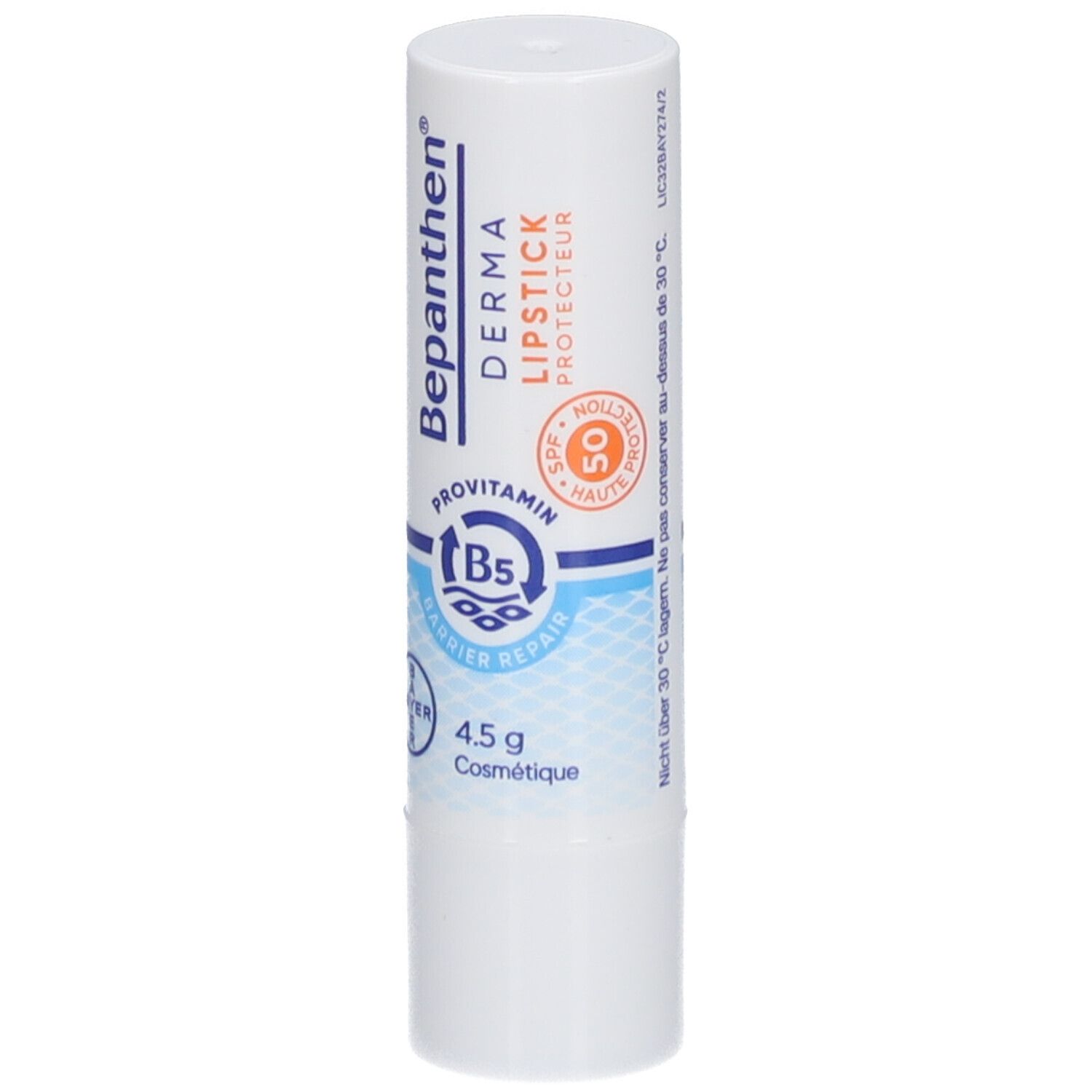 Weißer Lippenstift von Bepanthen® Derma mit LSF 50. Enthält ProVitamin B5. 4,5 g. Bayer-Logo.