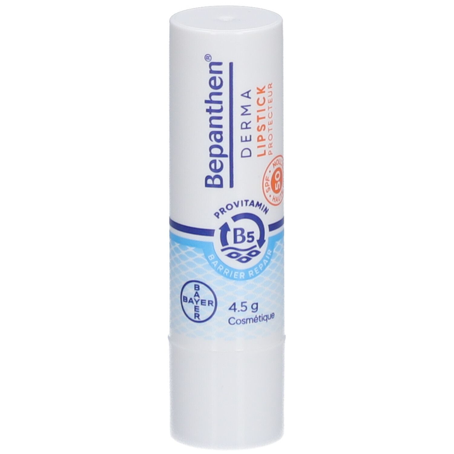 Weißer Lippenstift von Bepanthen® Derma mit LSF 50. Enthält ProVitamin B5. 4,5 g. Bayer-Logo.