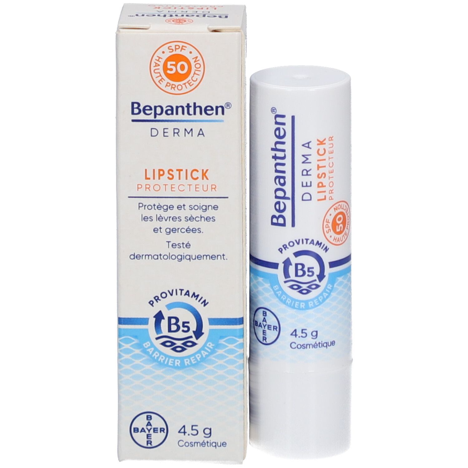 Bepanthen® Derma Lippenstift und Verpackung. LSF 50. Enthält ProVitamin B5. 4,5 g. Bayer-Logo.