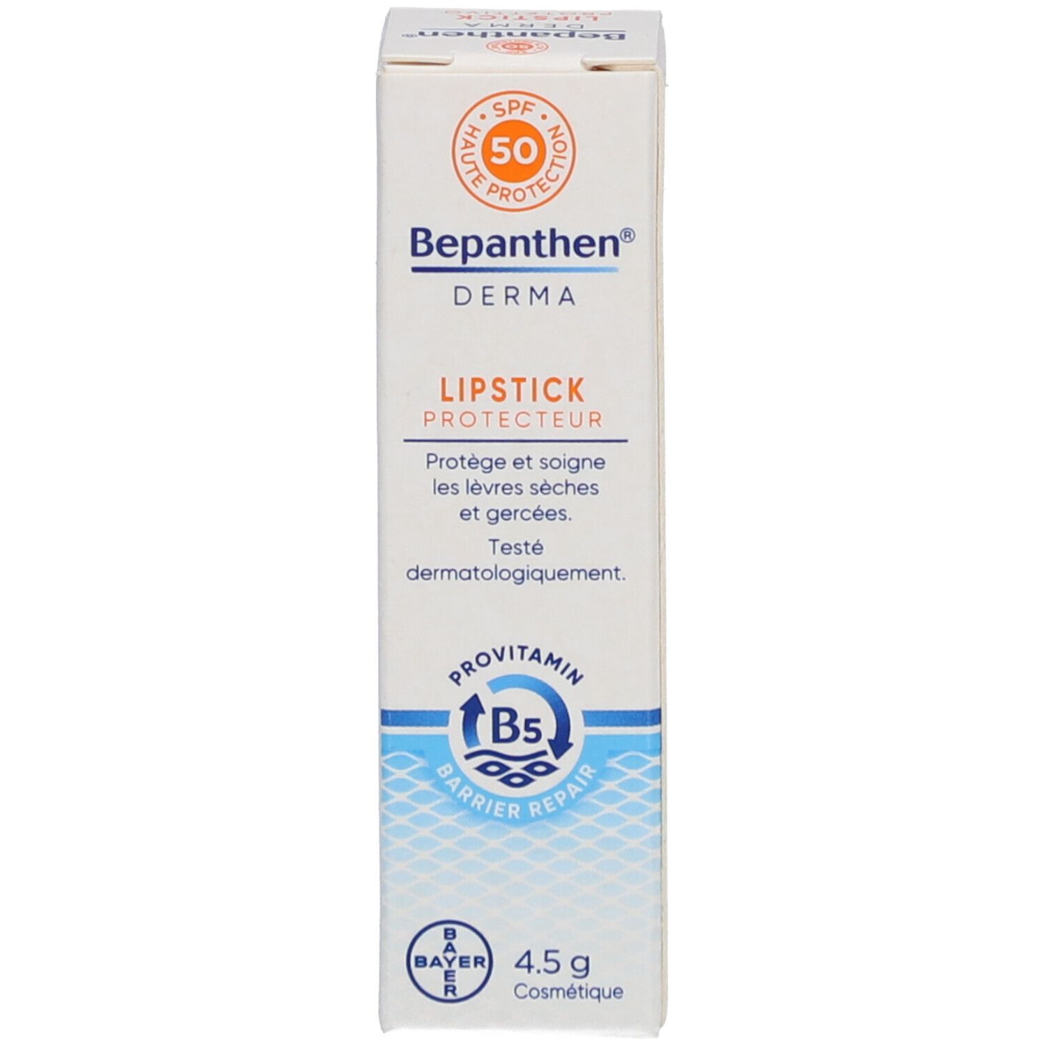 Verpackung von Bepanthen® Derma Lippenstift. LSF 50. Enthält ProVitamin B5. 4,5 g. Bayer-Logo.