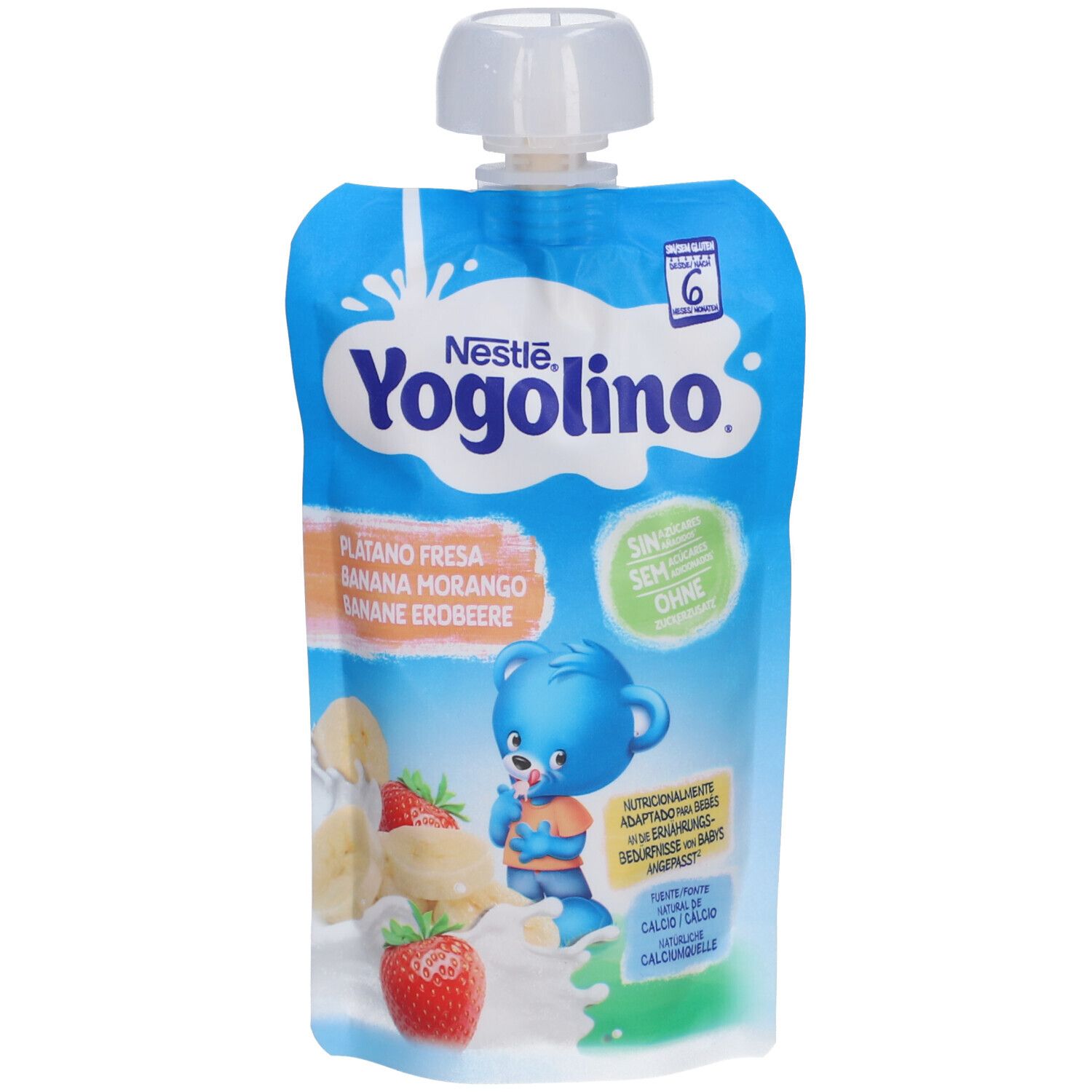 Quetschbeutel Yogolino Banane Erdbeere. Blaue Verpackung mit Produktabbildung und Logo. Altersempfehlung: 6 Monate.