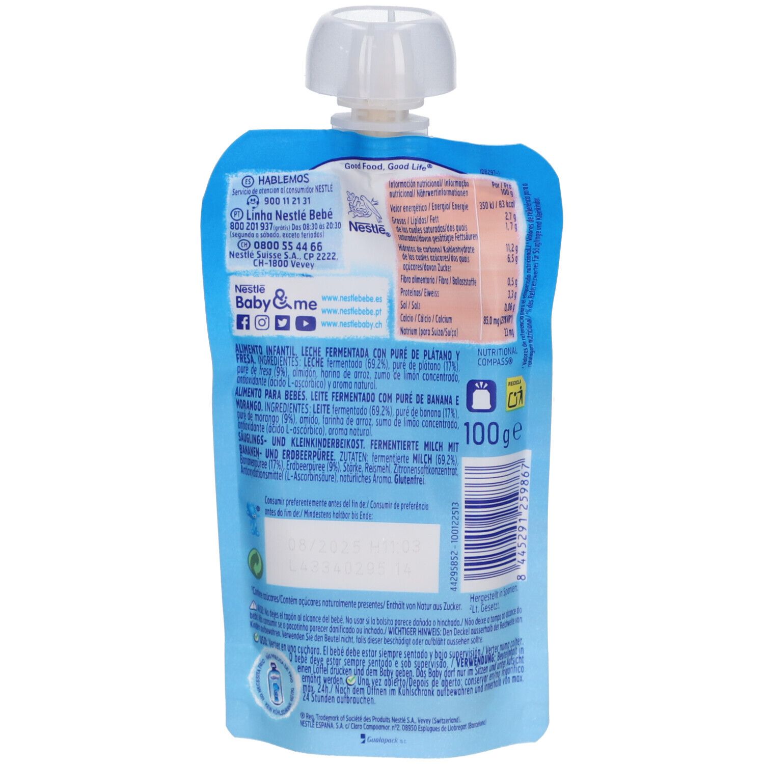 Rückseite des Yogolino Quetschbeutels. Blaue Verpackung mit Nährwertangaben und Herstellerinformationen. Inhalt: 100g.