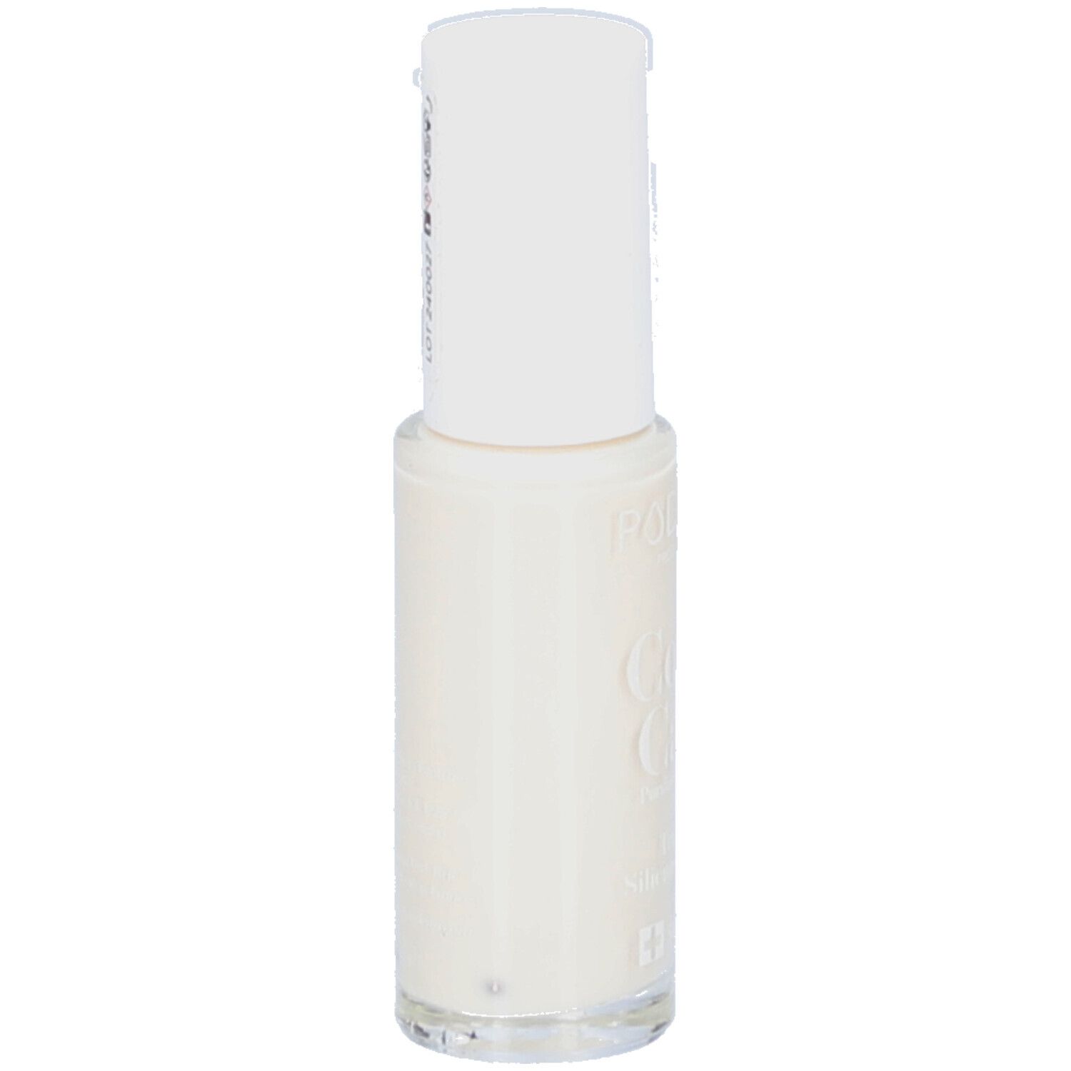 Nagellackflasche mit weißem Deckel. Aufschrift: PODERM Color Care Blanc perlé. Klare Glasflasche.