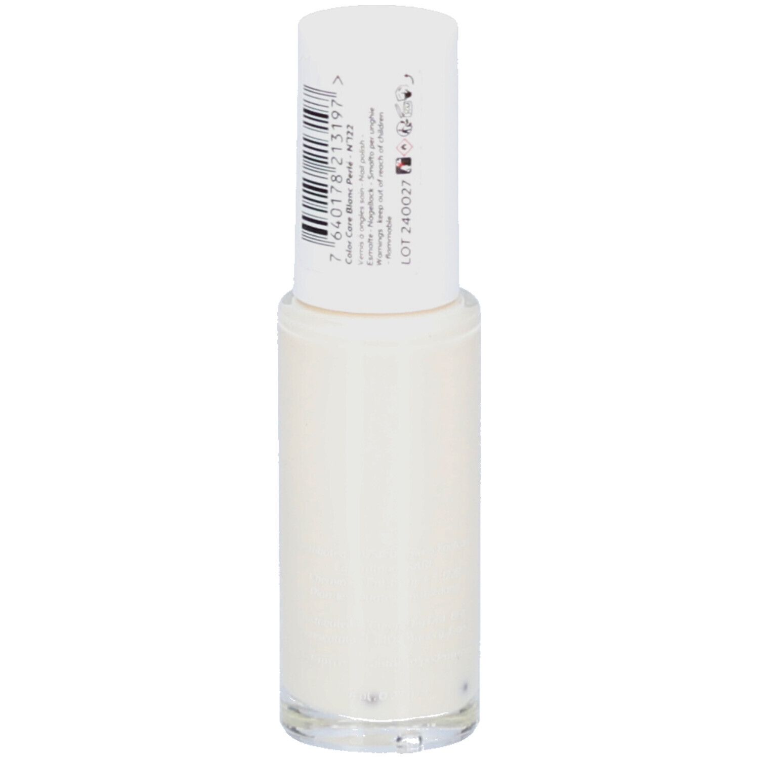 Nagellackflasche mit weißem Deckel. Aufschrift: PODERM Color Care Blanc perlé. Barcode und Produktinformationen.