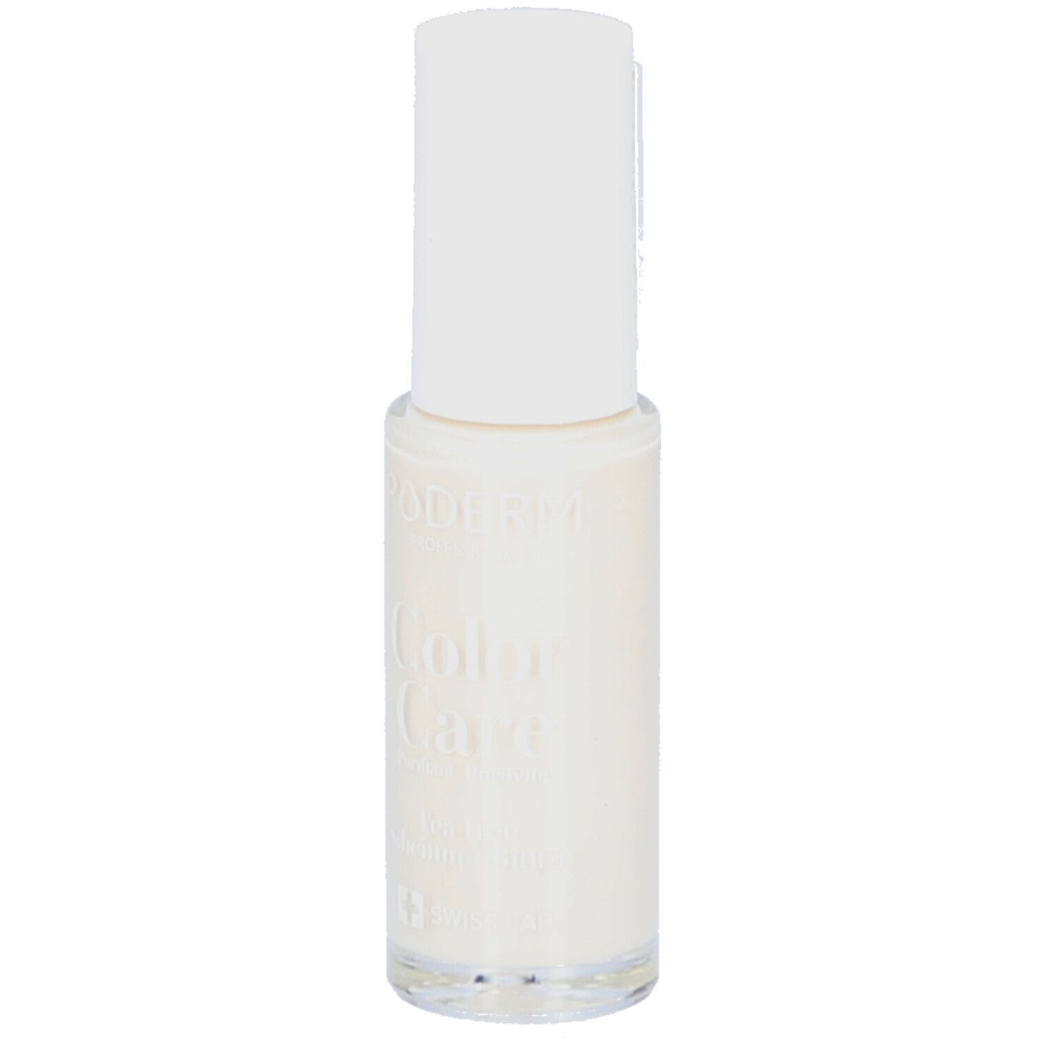 Nagellackflasche mit weißem Deckel. Aufschrift: PODERM Color Care Blanc perlé. Klare Glasflasche.