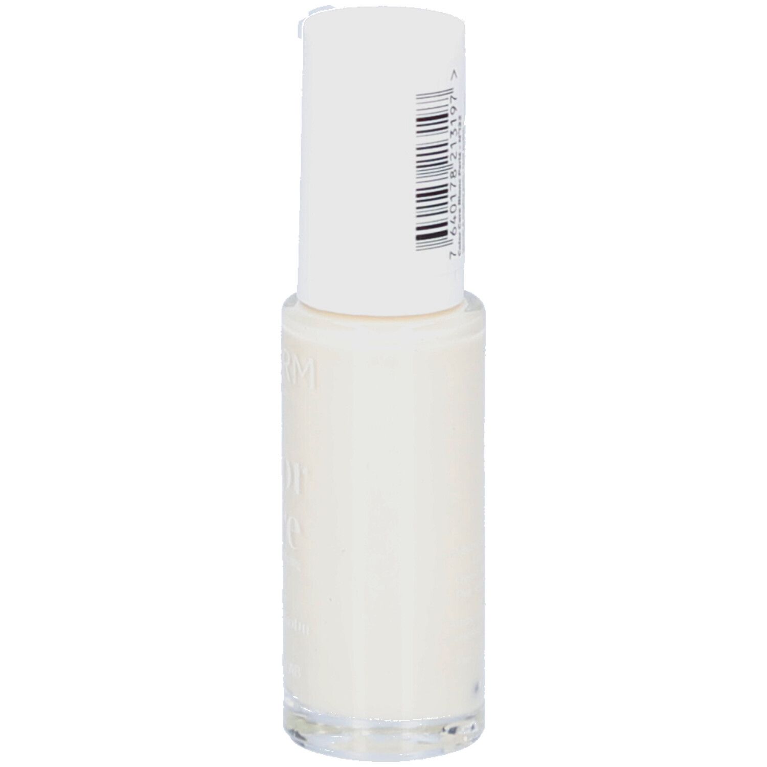 Nagellackflasche mit weißem Deckel. Aufschrift: PODERM Color Care Blanc perlé. Barcode und Produktinformationen.