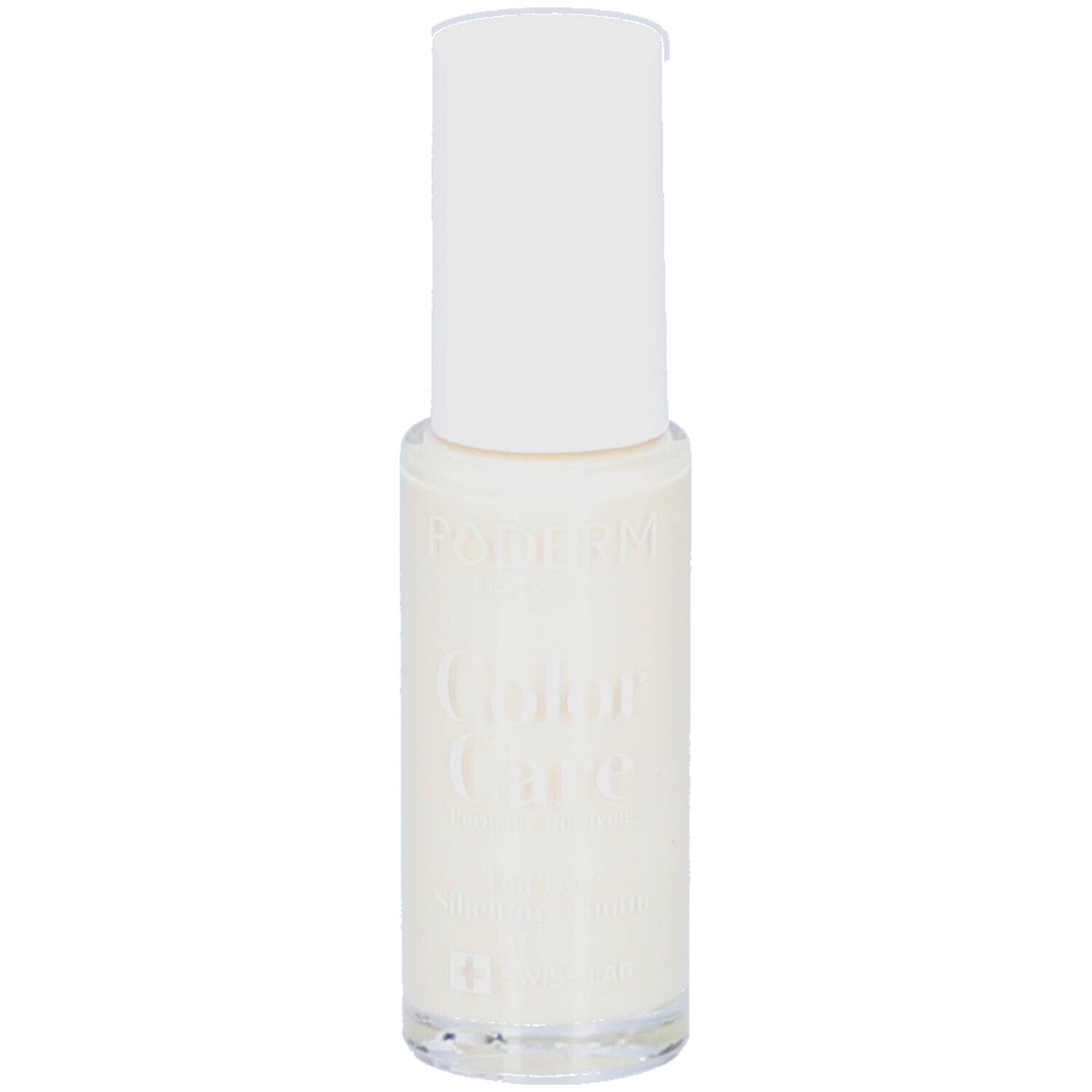 Nagellackflasche mit weißem Deckel. Aufschrift: PODERM Color Care Blanc perlé. Klare Glasflasche.