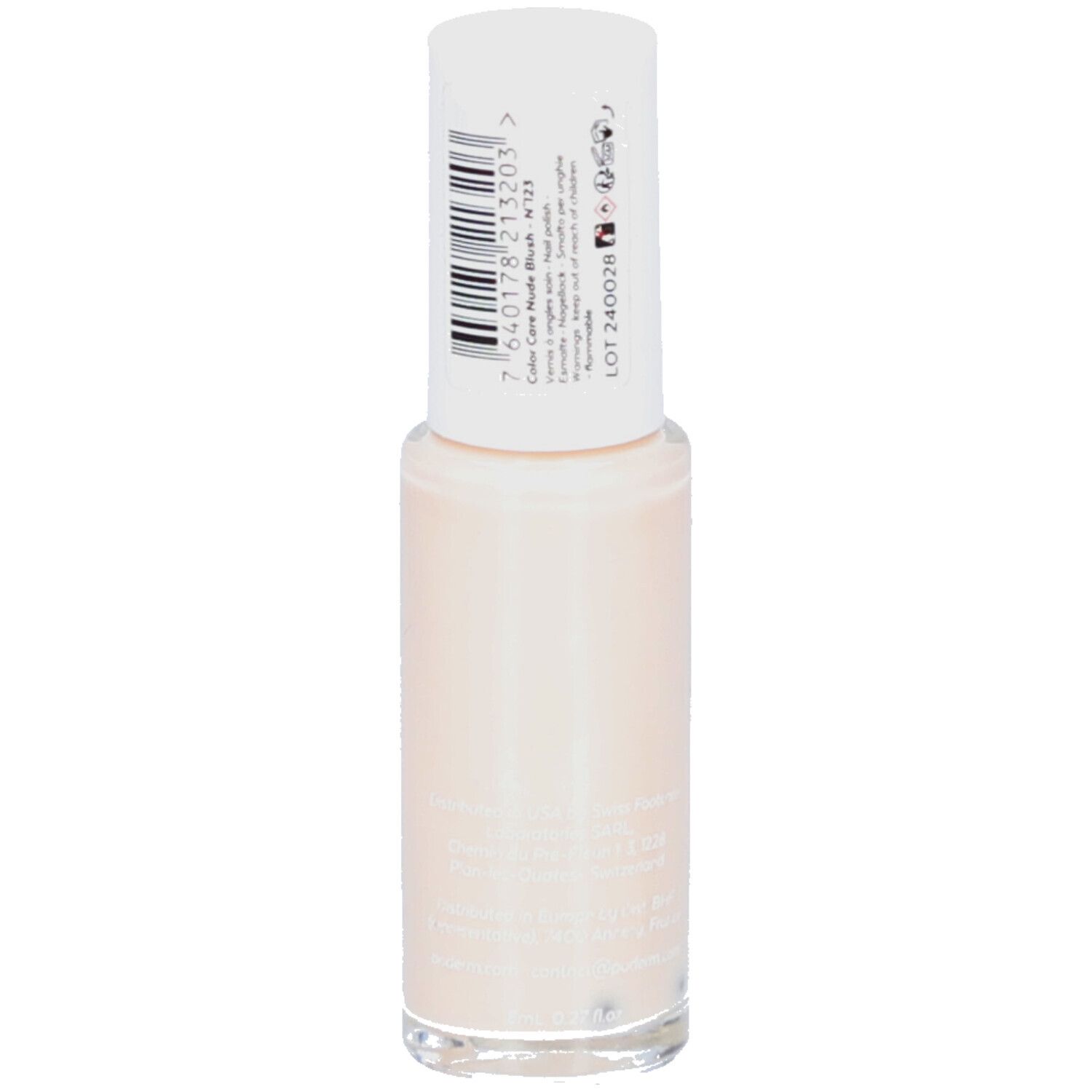 Helle Nagellackflasche mit weißem Deckel und Etikett mit Barcode und Produktinformationen.