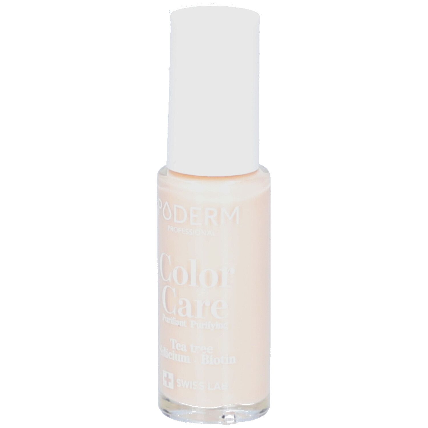 Poderm Color Care Nagellack in hellem Rosaton mit weißem Deckel. Enthält Teebaumöl.