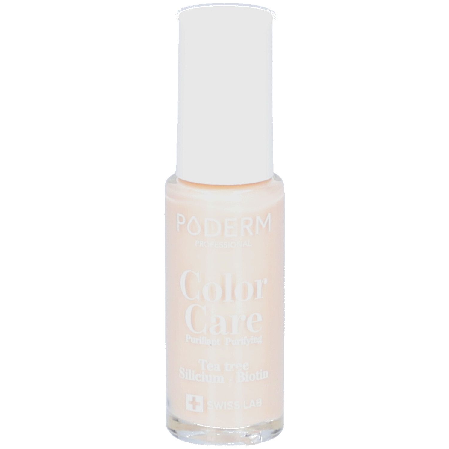 Poderm Color Care Fläschchen mit weißem Deckel. Enthält Teebaumöl und Biotin.
