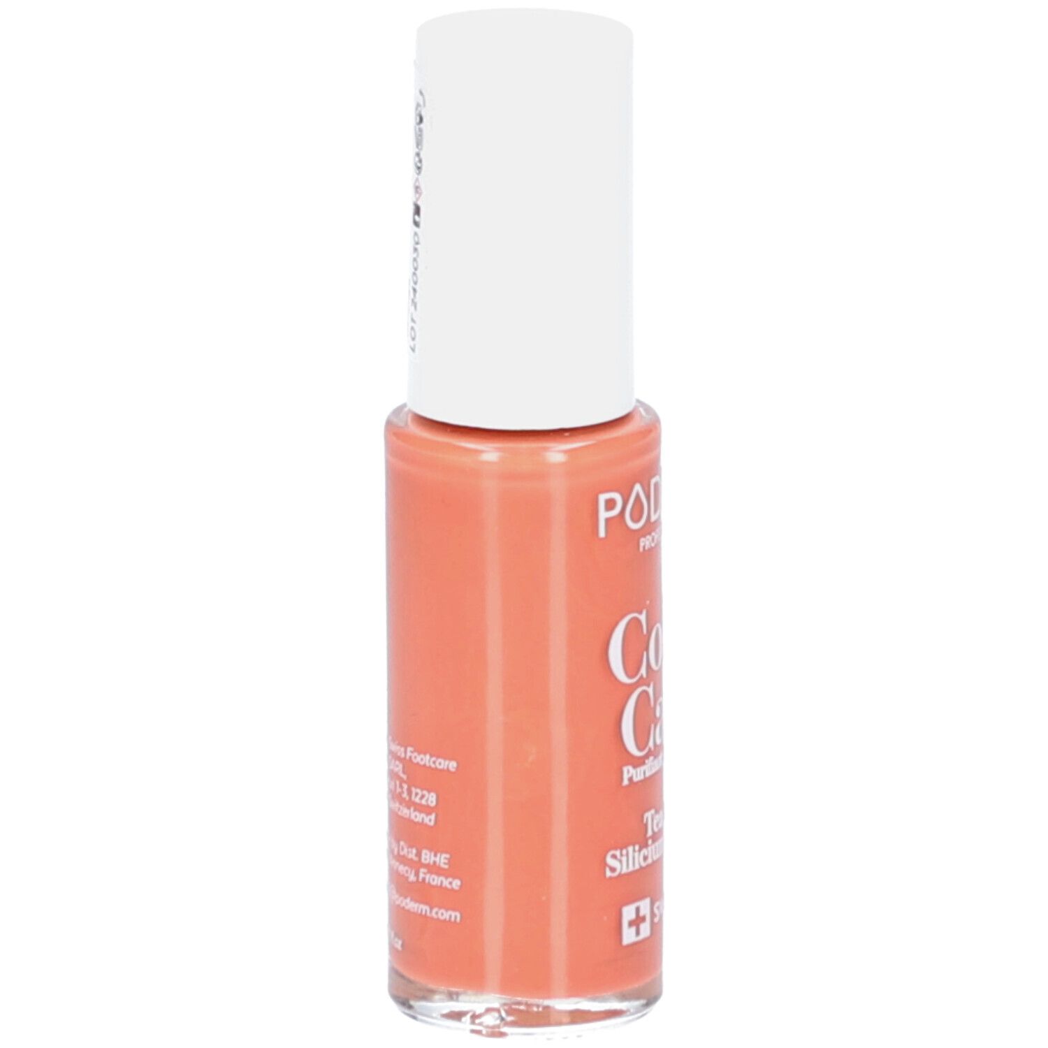 Orangefarbener Nagellack in Glasflasche mit weißem Deckel. Marke PODOLOG.