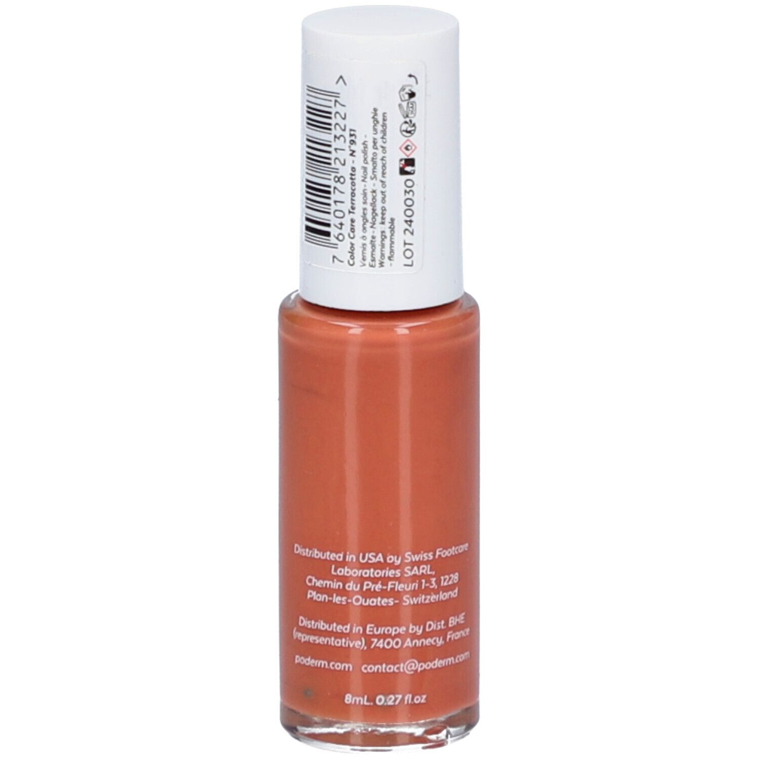 Orangefarbener Nagellack in Glasflasche mit weißem Deckel. 8ml Inhalt.