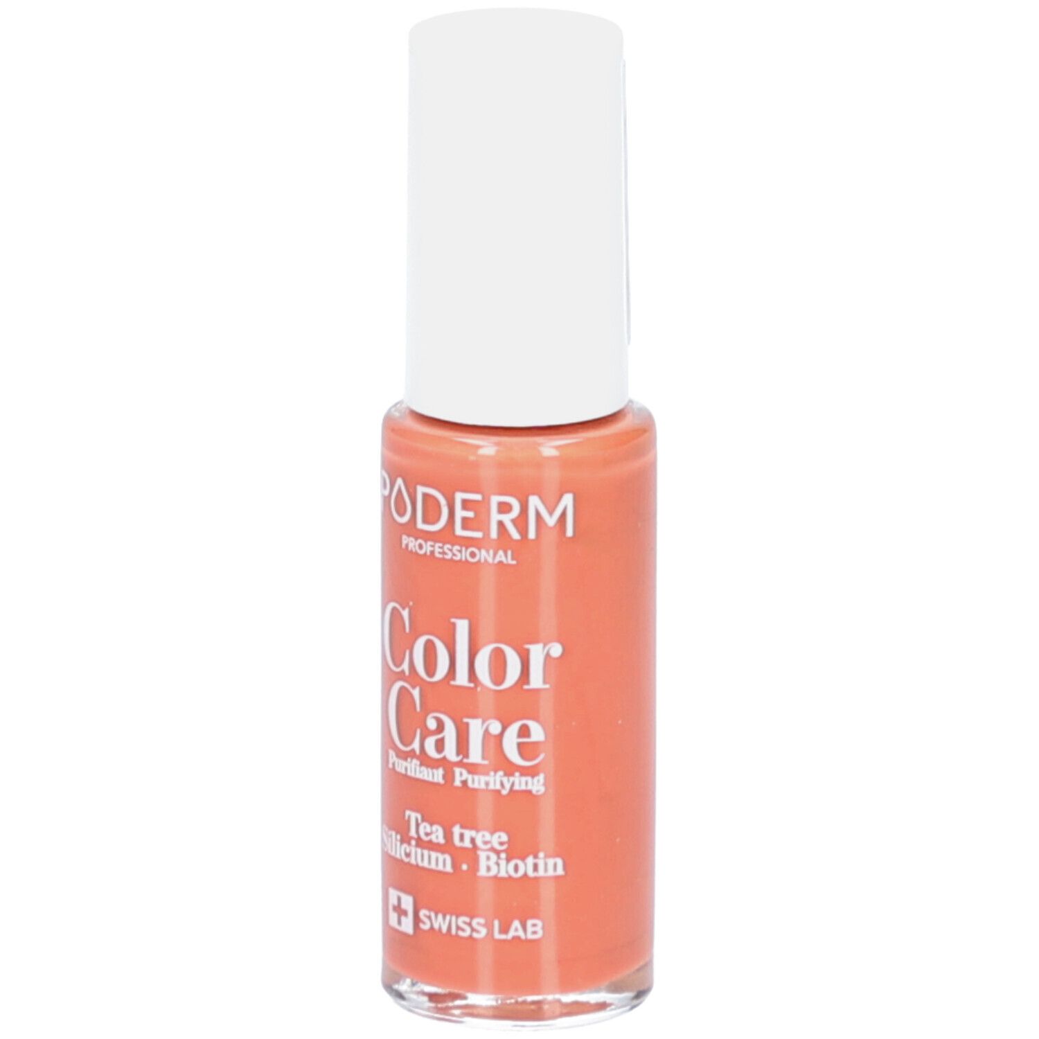 Orangefarbener Nagellack mit weißem Deckel. Enthält Teebaumöl und Biotin. Swiss Lab.