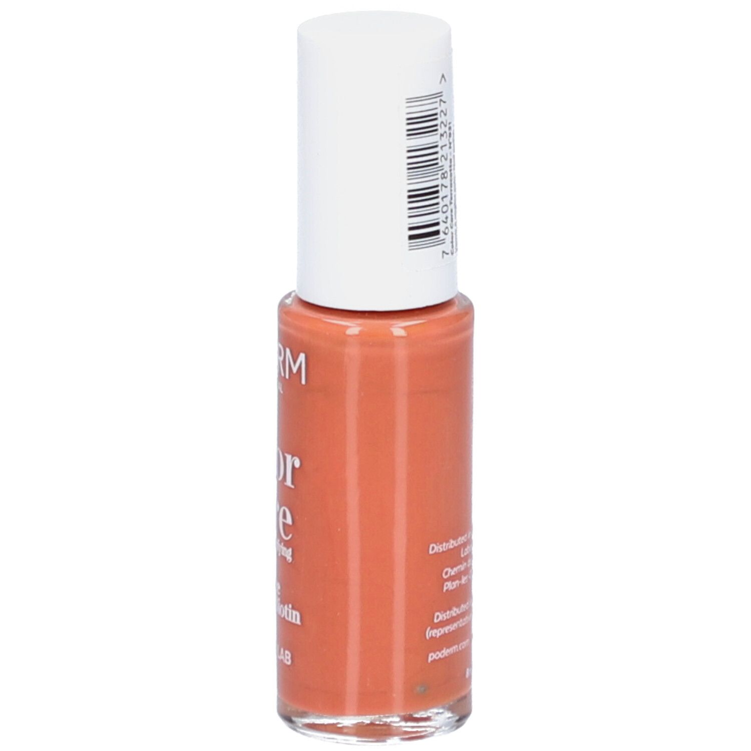 Orangefarbener Nagellack in Glasflasche mit weißem Deckel und Barcode.