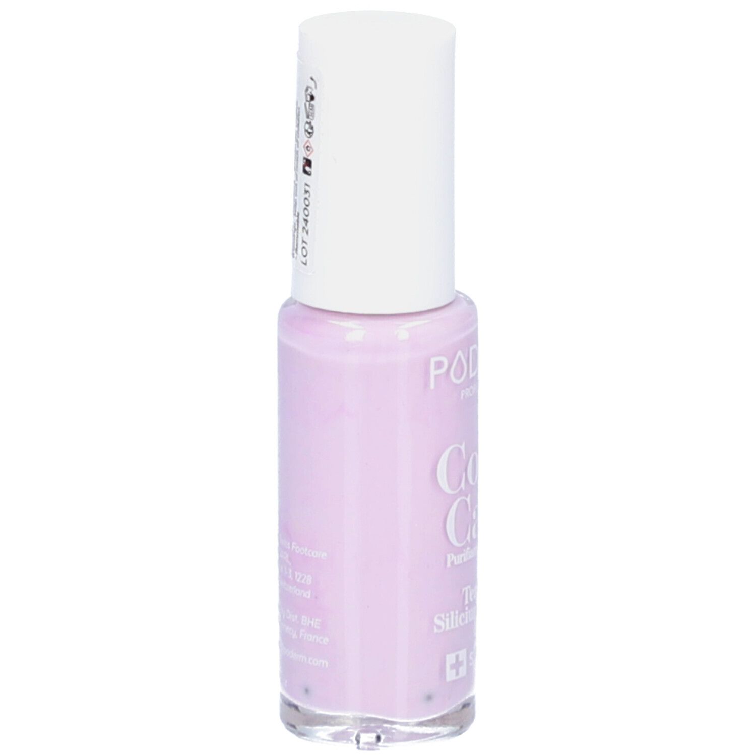 Lila Nagellackflasche mit weißem Deckel und Etikett. Marke 'PODO'.