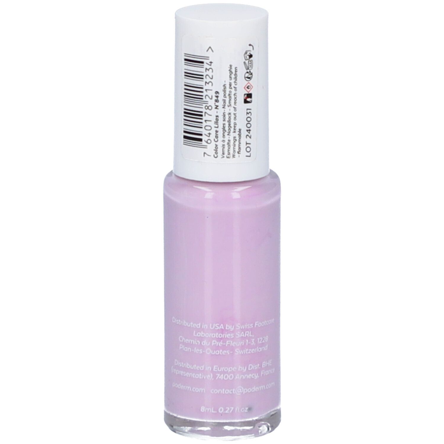 Lila Nagellackflasche mit weißem Deckel und Etikett mit Barcode und Produktinformationen.