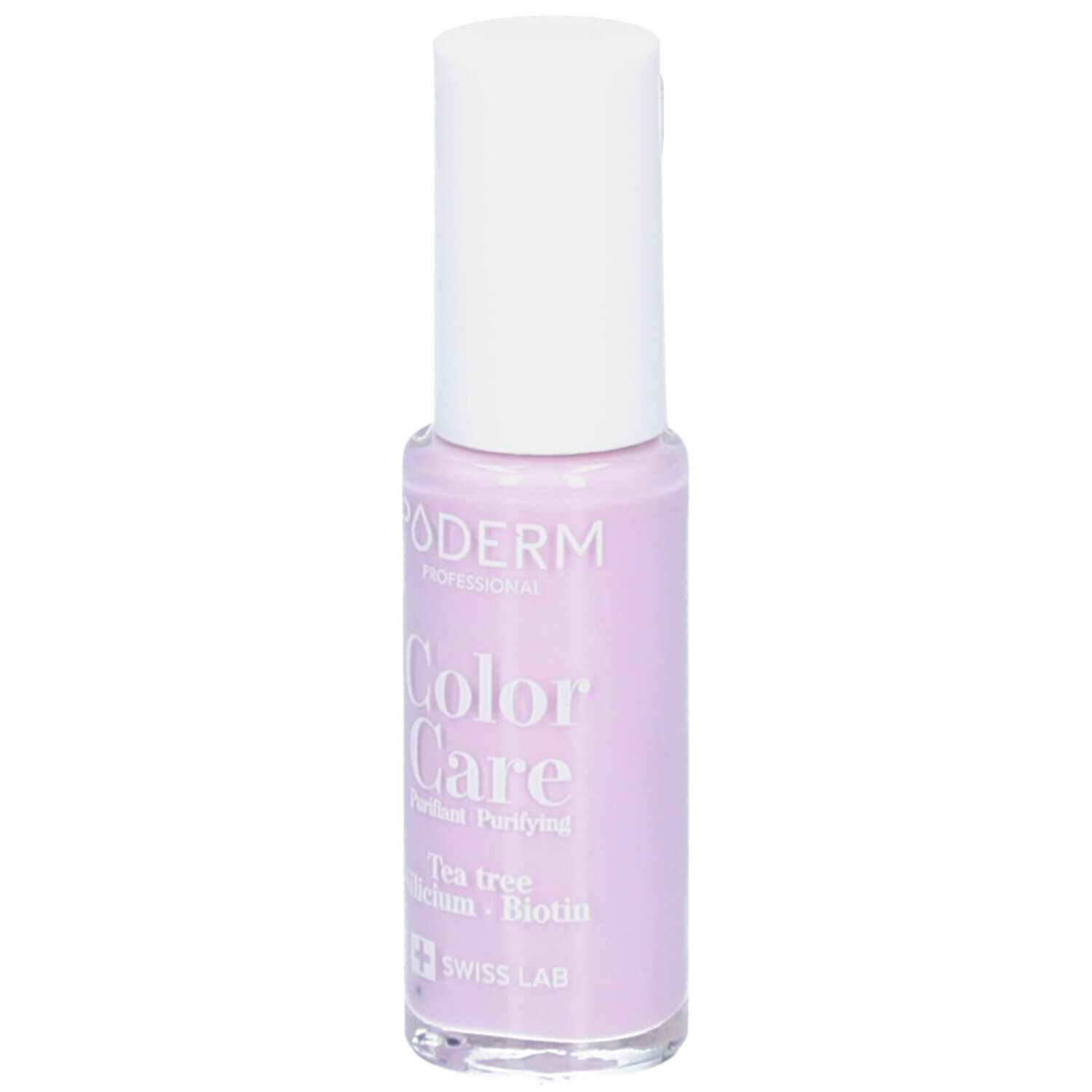 Ein fliederfarbener Nagellack mit weißem Deckel. Enthält Teebaumöl und Biotin. Marke: MODERM PROFESSIONAL.