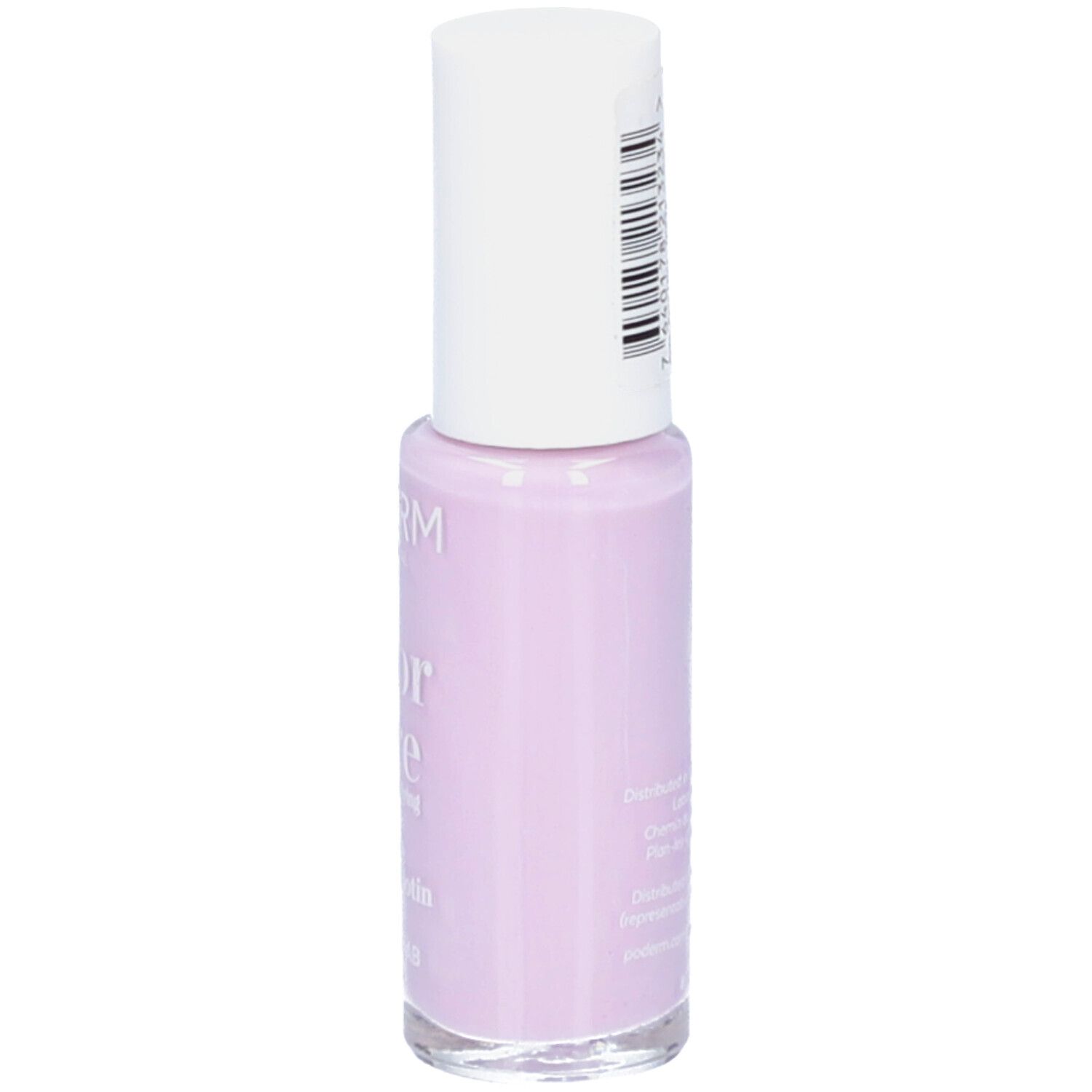 Lila Nagellackflasche mit weißem Deckel und Barcode.