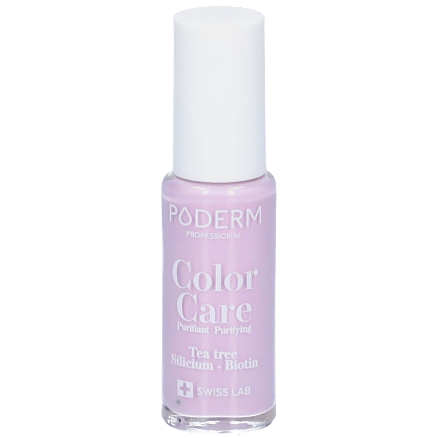 Poderm Color Care Flasche mit weißem Deckel. Enthält Teebaum, Silicium, Biotin. Swiss Lab.
